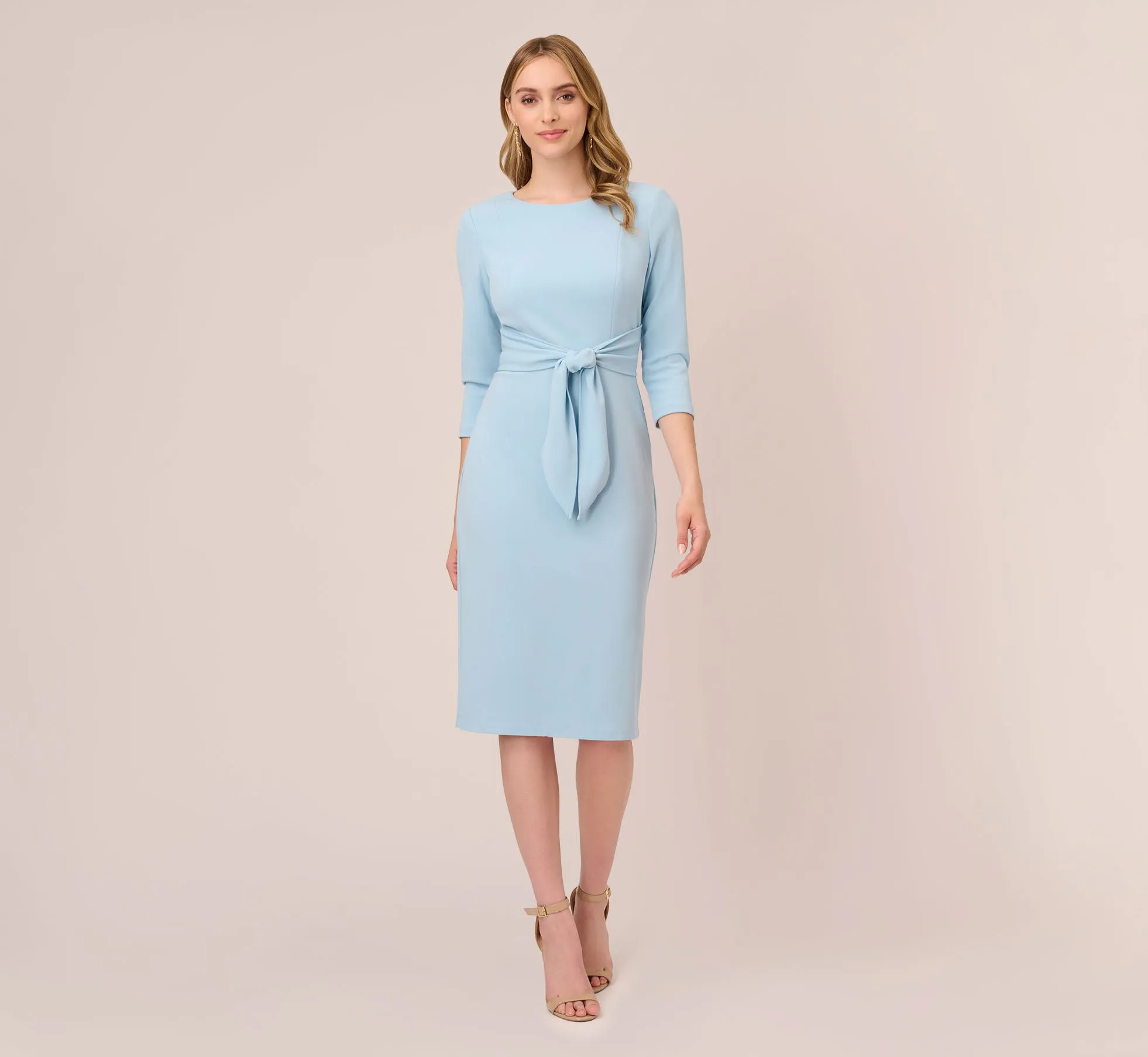Knit Crepe Bow Sheath Dress With Three Quarter Sleeves In Blue Mist sold by Adrianna Papell product image thumbnail 2