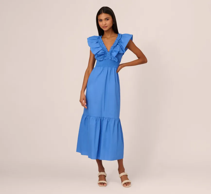 Ruffled Maxi Dress With Shirred Details In Cool Water sold by Adrianna Papell