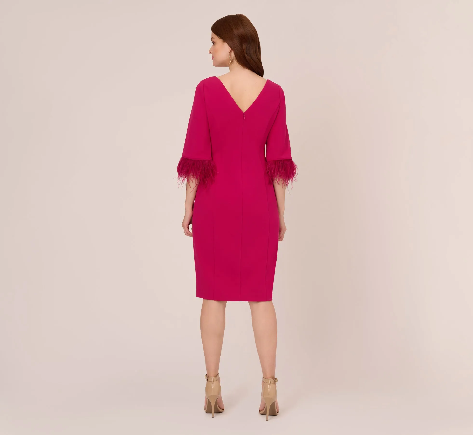 Crepe Sheath Dress With V-Back And Feather-Trim Sleeves In Rich Magenta sold by Adrianna Papell product image thumbnail 4