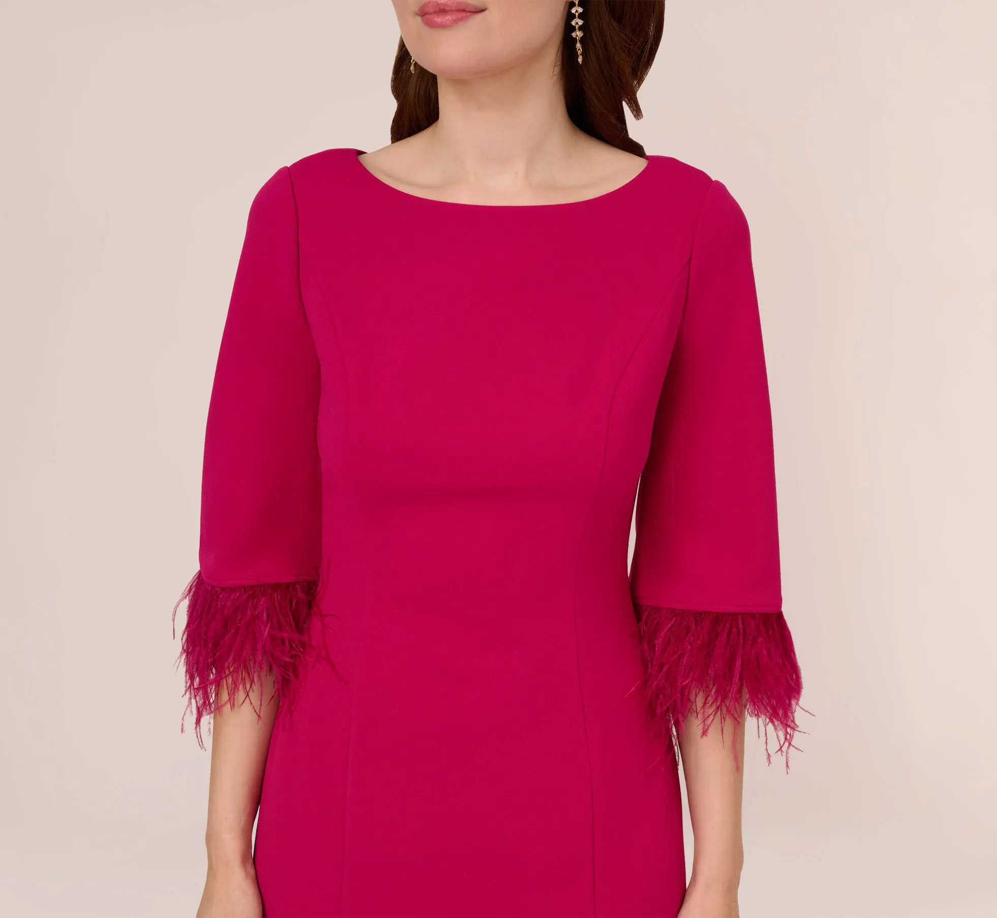 Crepe Sheath Dress With V-Back And Feather-Trim Sleeves In Rich Magenta sold by Adrianna Papell product image thumbnail 3