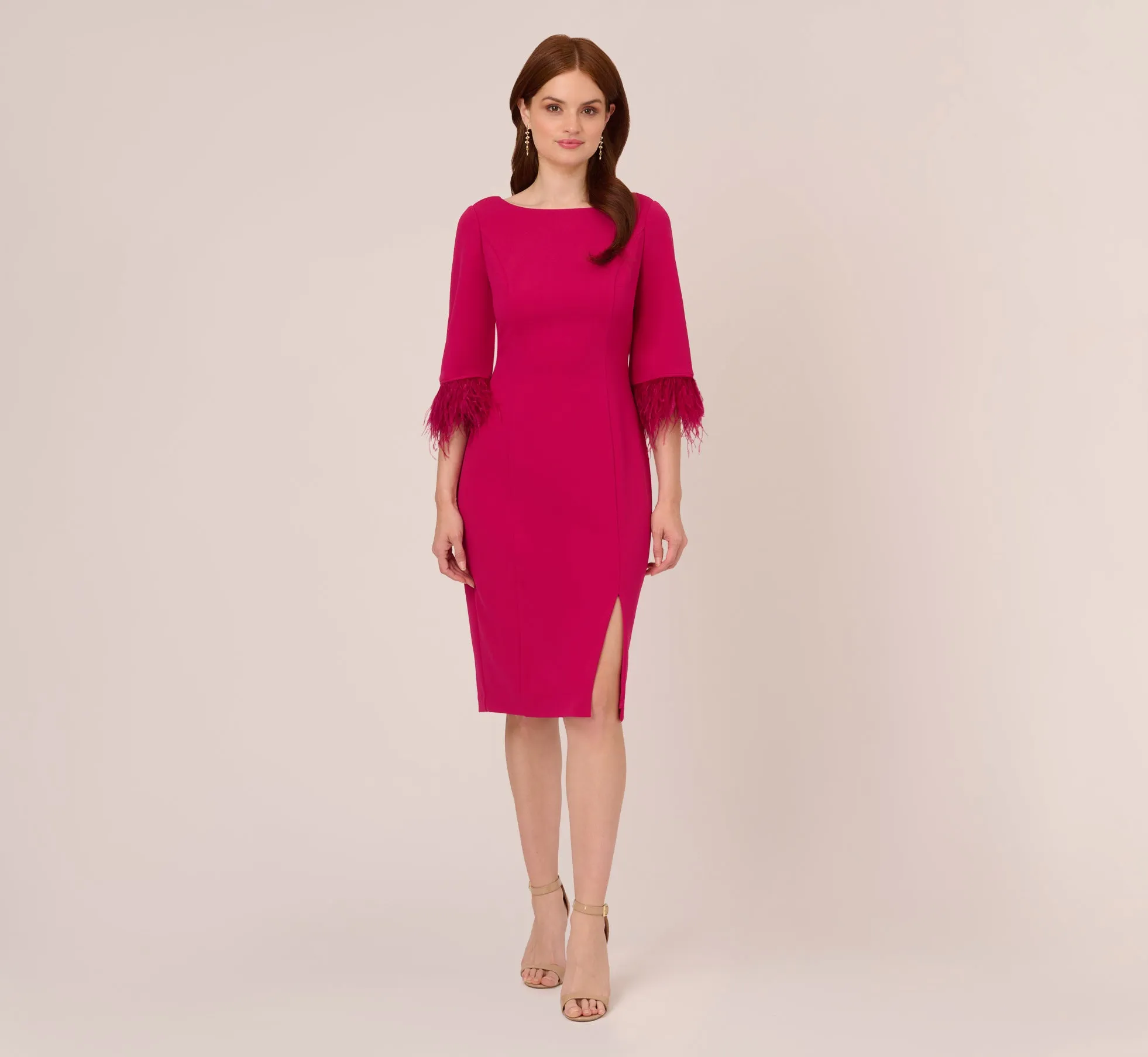 Crepe Sheath Dress With V-Back And Feather-Trim Sleeves In Rich Magenta sold by Adrianna Papell