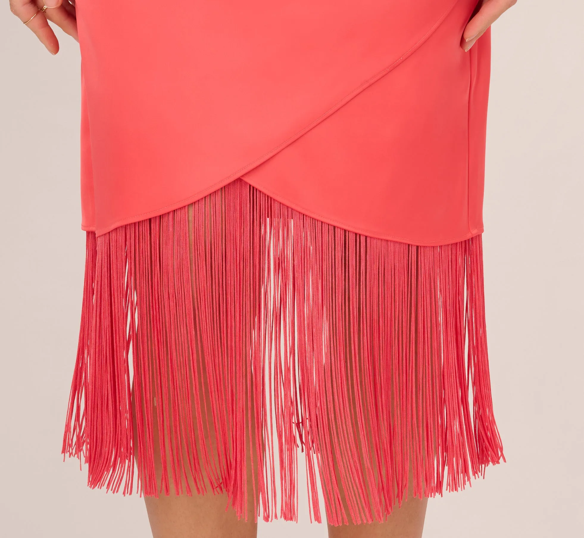 Stretch Satin One Shoulder Midi Dress With Fringe Skirt In Spicy Coral sold by Adrianna Papell product image thumbnail 5