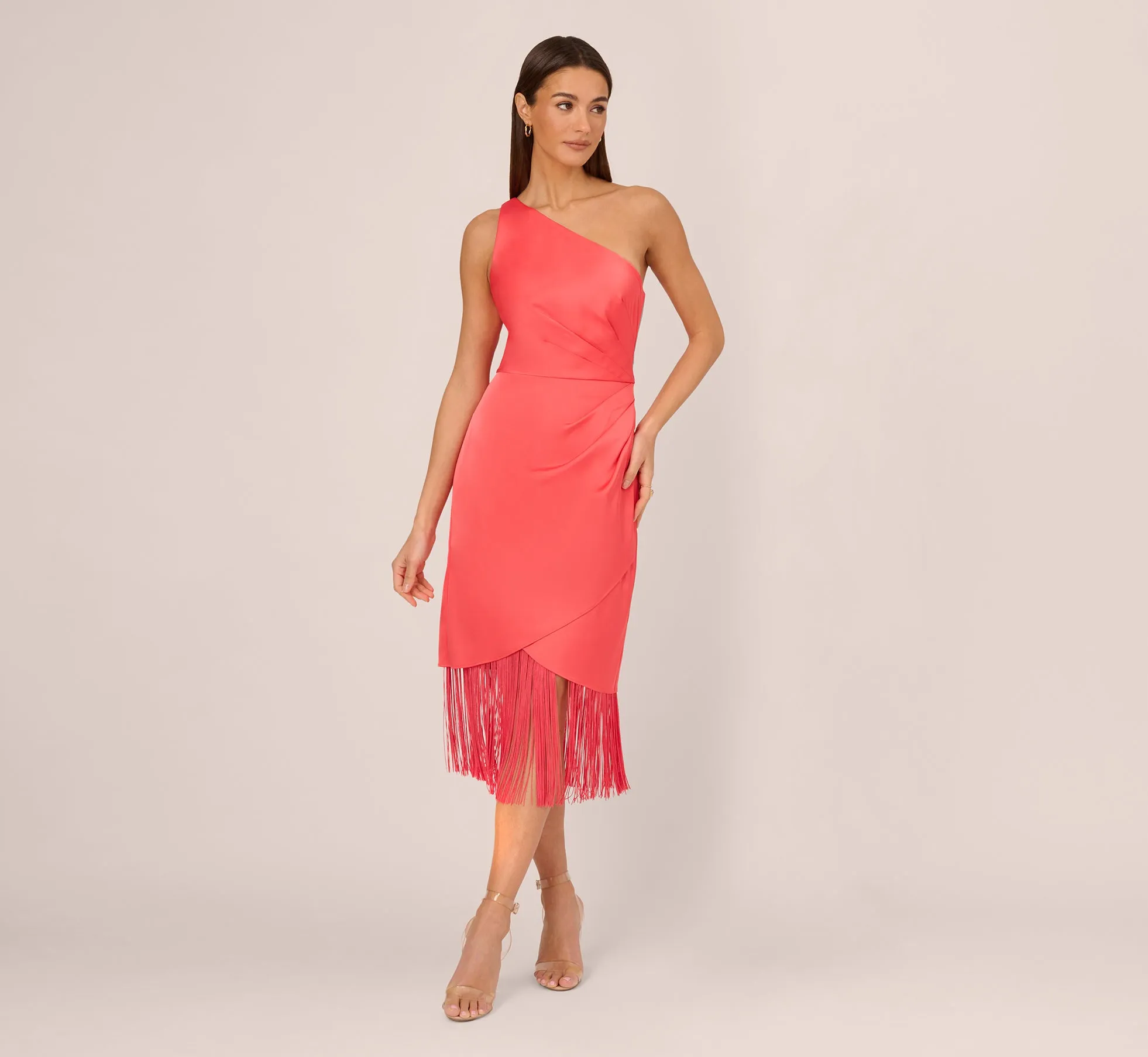 Stretch Satin One Shoulder Midi Dress With Fringe Skirt In Spicy Coral sold by Adrianna Papell