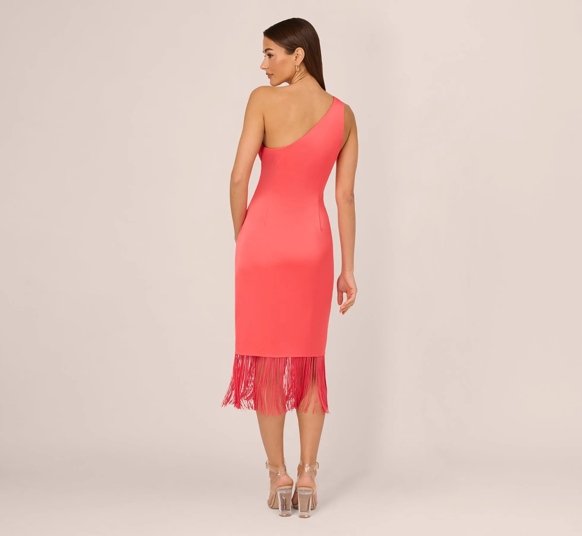 Stretch Satin One Shoulder Midi Dress With Fringe Skirt In Spicy Coral sold by Adrianna Papell product image thumbnail 4