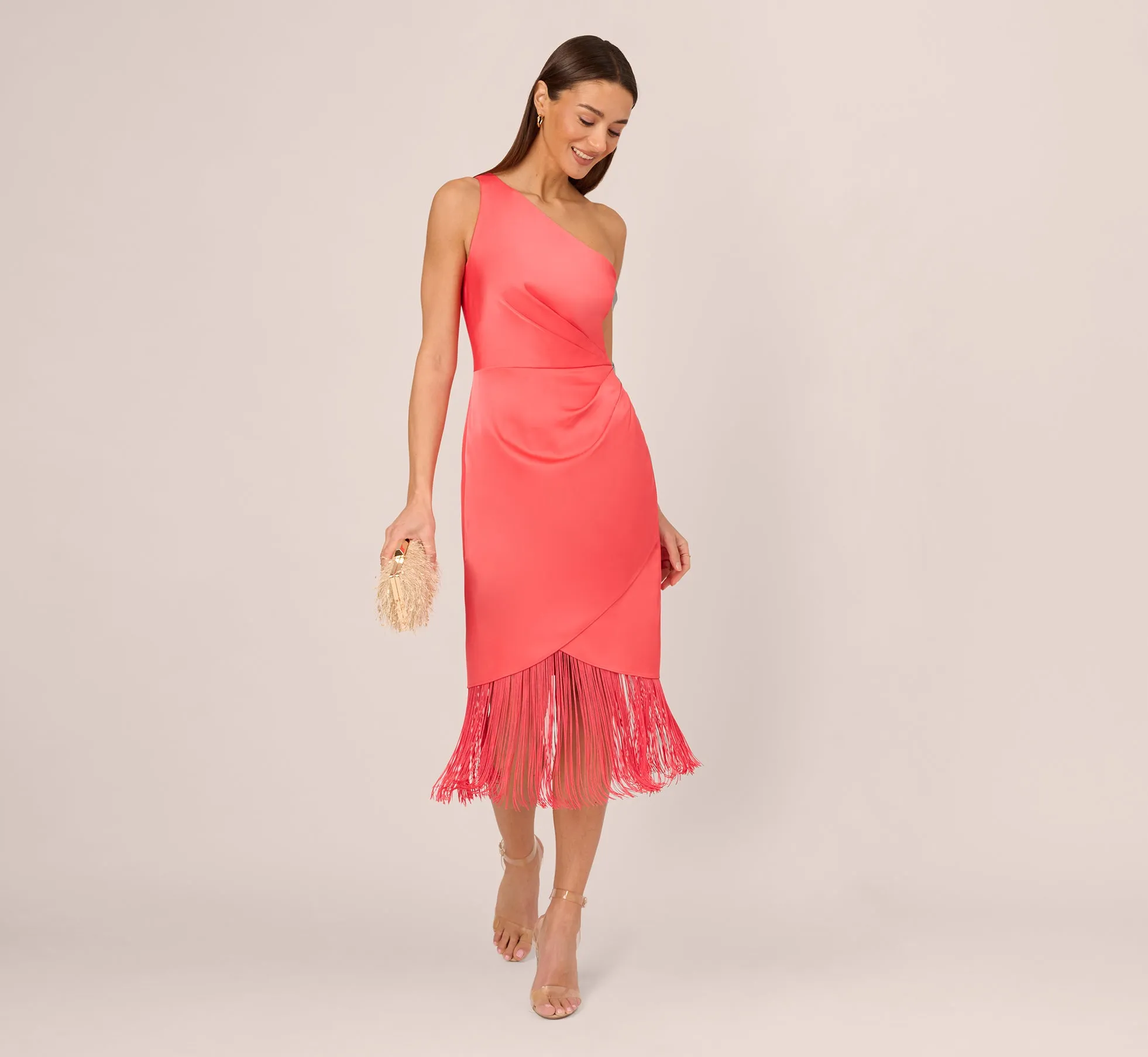 Stretch Satin One Shoulder Midi Dress With Fringe Skirt In Spicy Coral sold by Adrianna Papell product image thumbnail 2