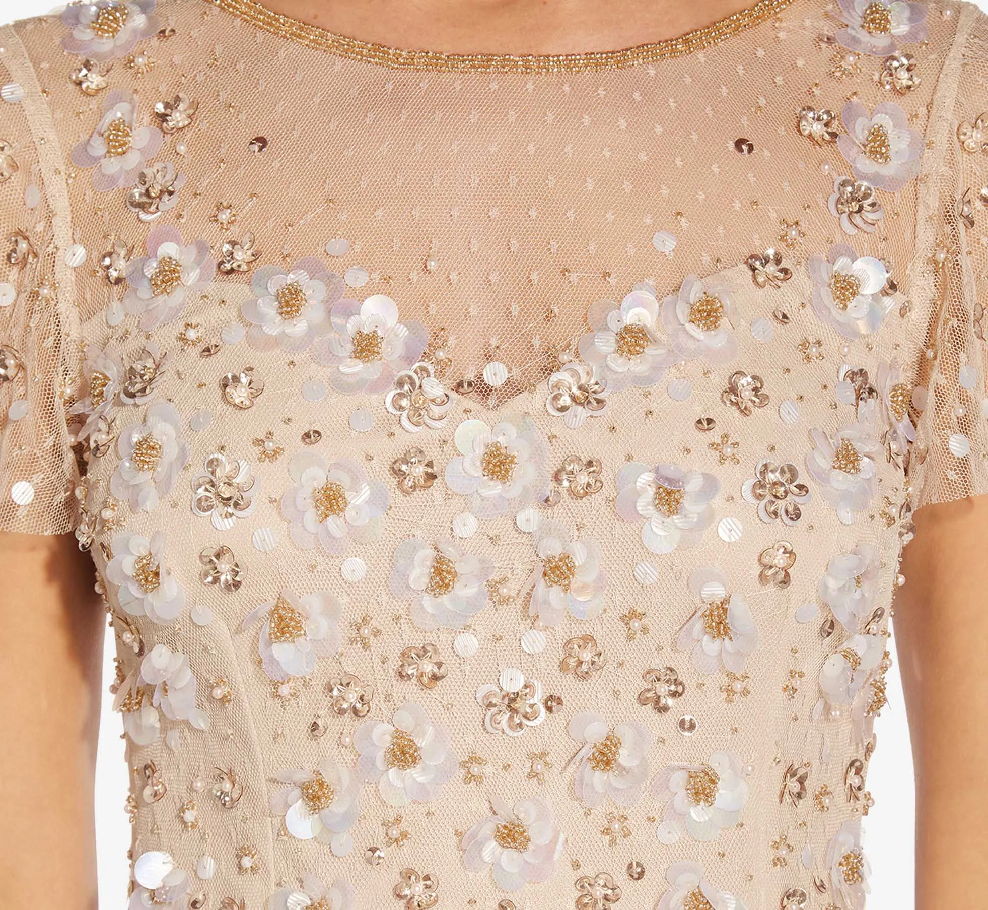 Floral 3D Hand-Beaded And Lace Illusion Long Gown In Biscotti sold by Adrianna Papell product image thumbnail 5