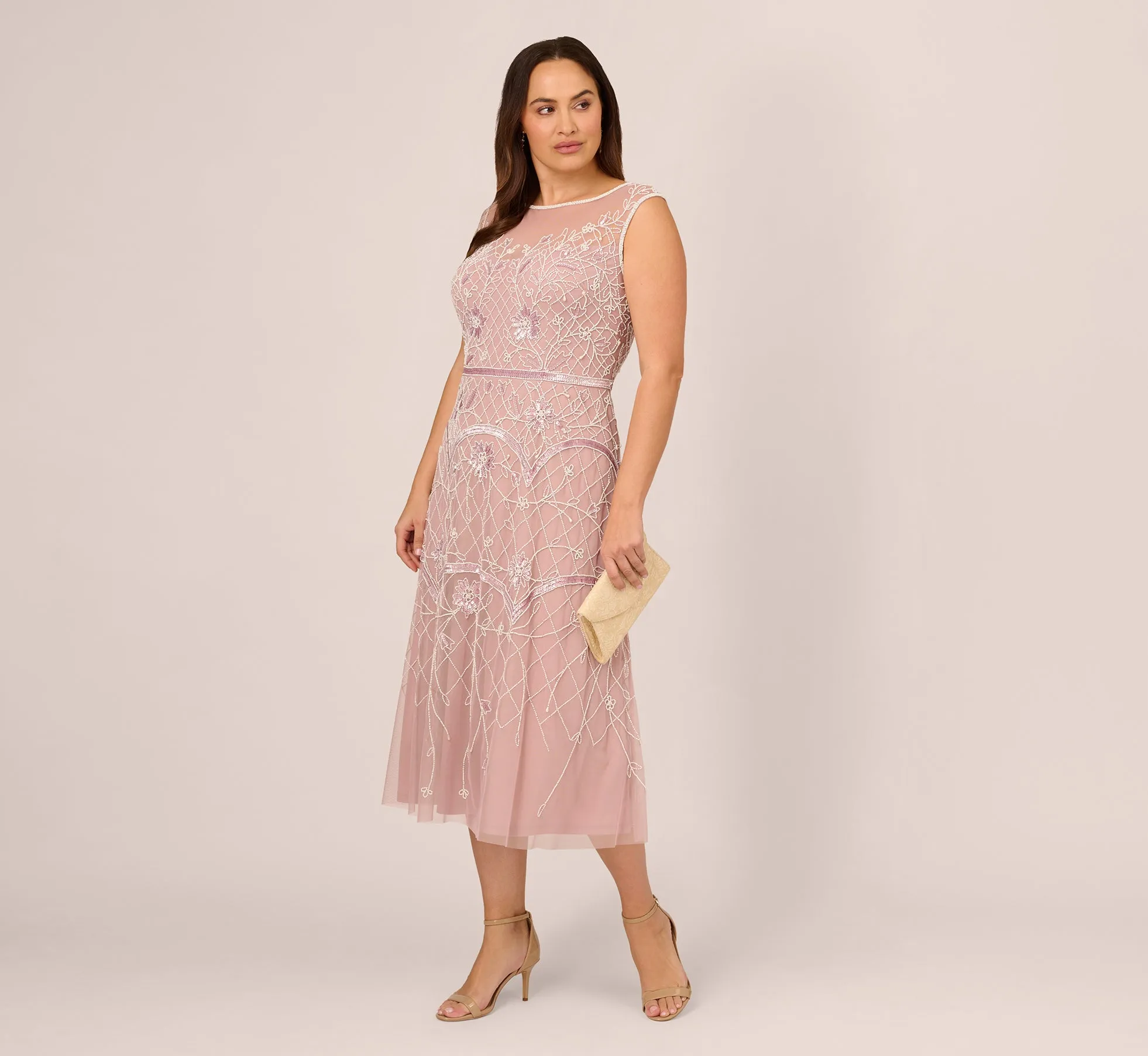 Plus Size Beaded Ankle-Length Dress With Sheer Neckline In Dusted Petal Ivory sold by Adrianna Papell product image thumbnail 3