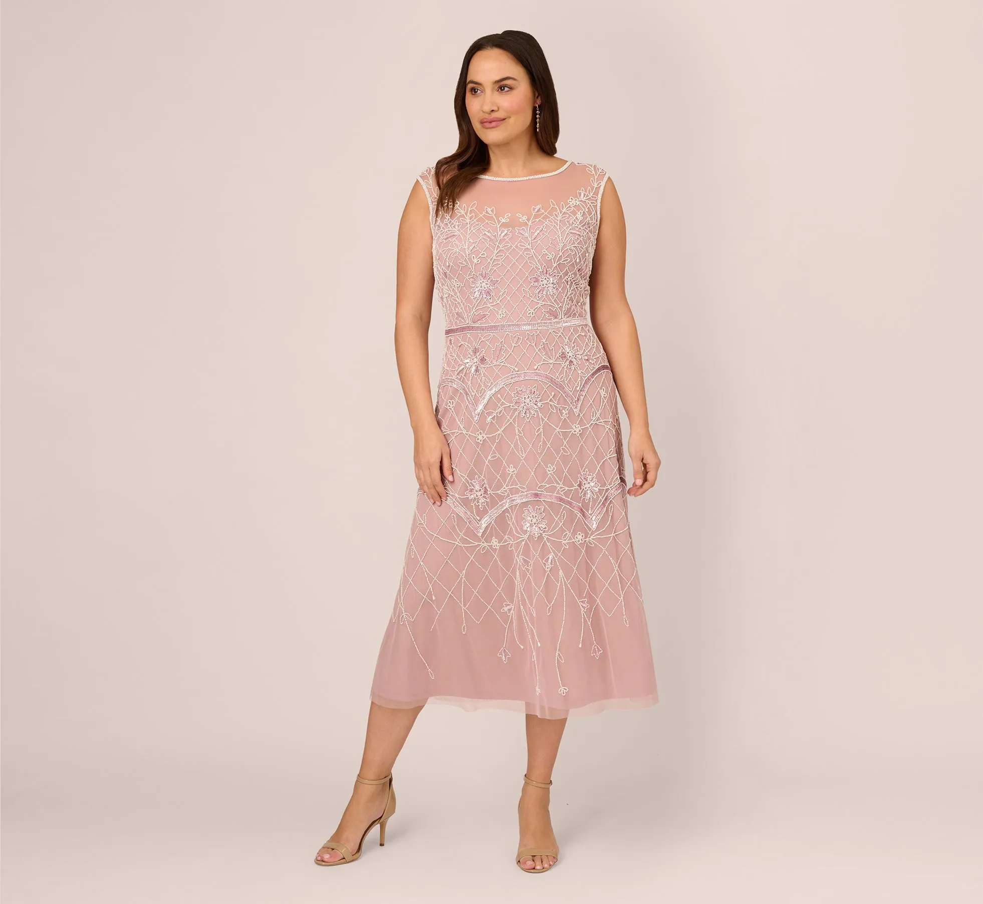 Plus Size Beaded Ankle-Length Dress With Sheer Neckline In Dusted Petal Ivory sold by Adrianna Papell product image thumbnail 2