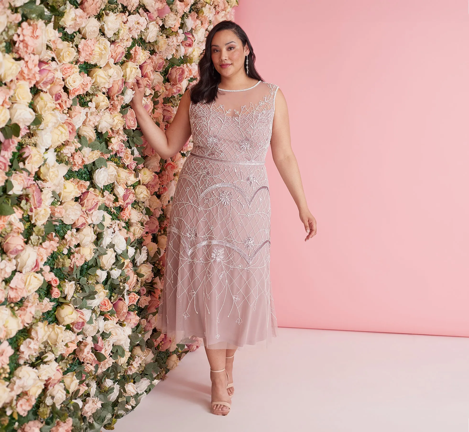 Plus Size Beaded Ankle-Length Dress With Sheer Neckline In Dusted Petal Ivory sold by Adrianna Papell