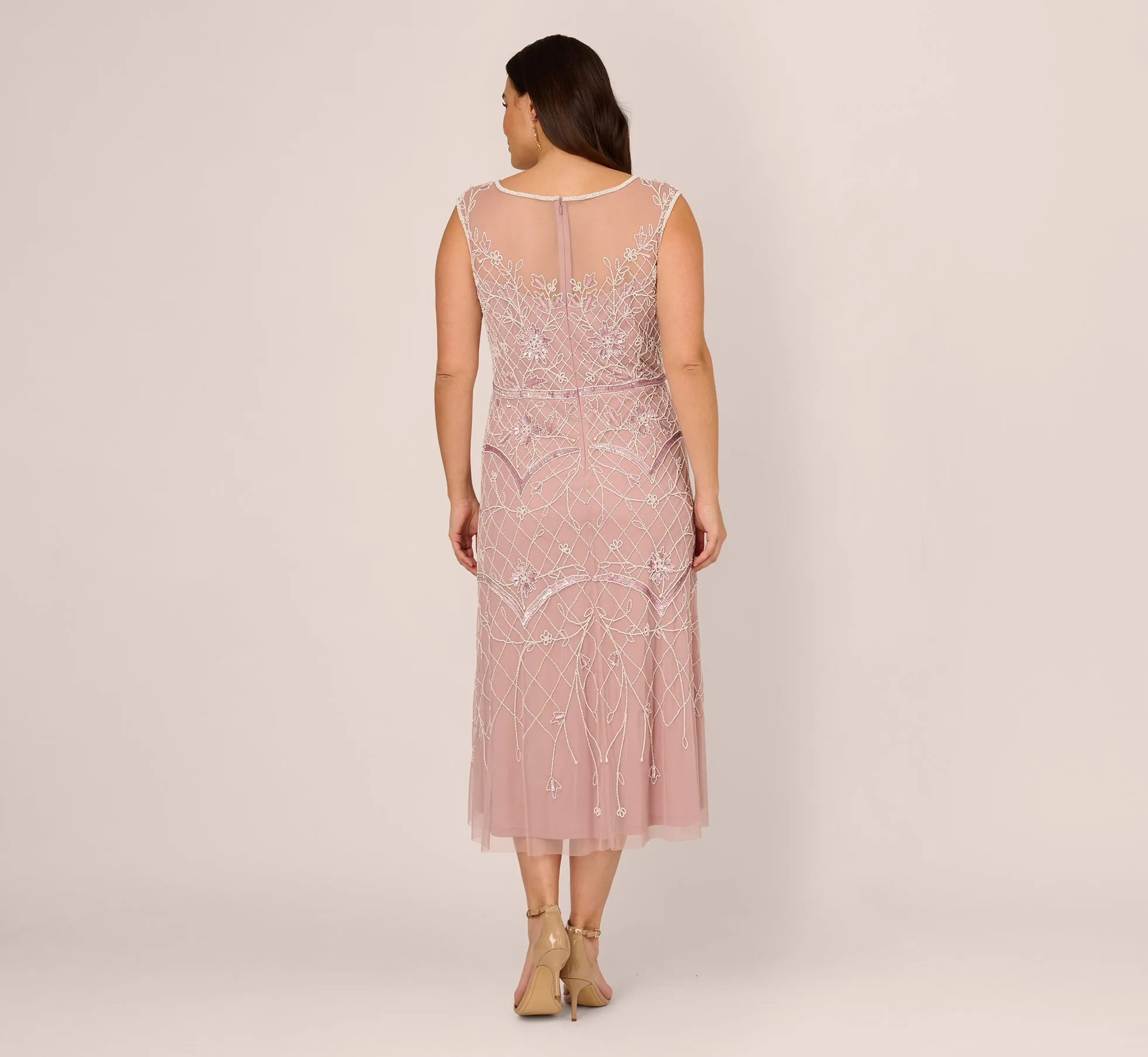 Plus Size Beaded Ankle-Length Dress With Sheer Neckline In Dusted Petal Ivory sold by Adrianna Papell product image thumbnail 5