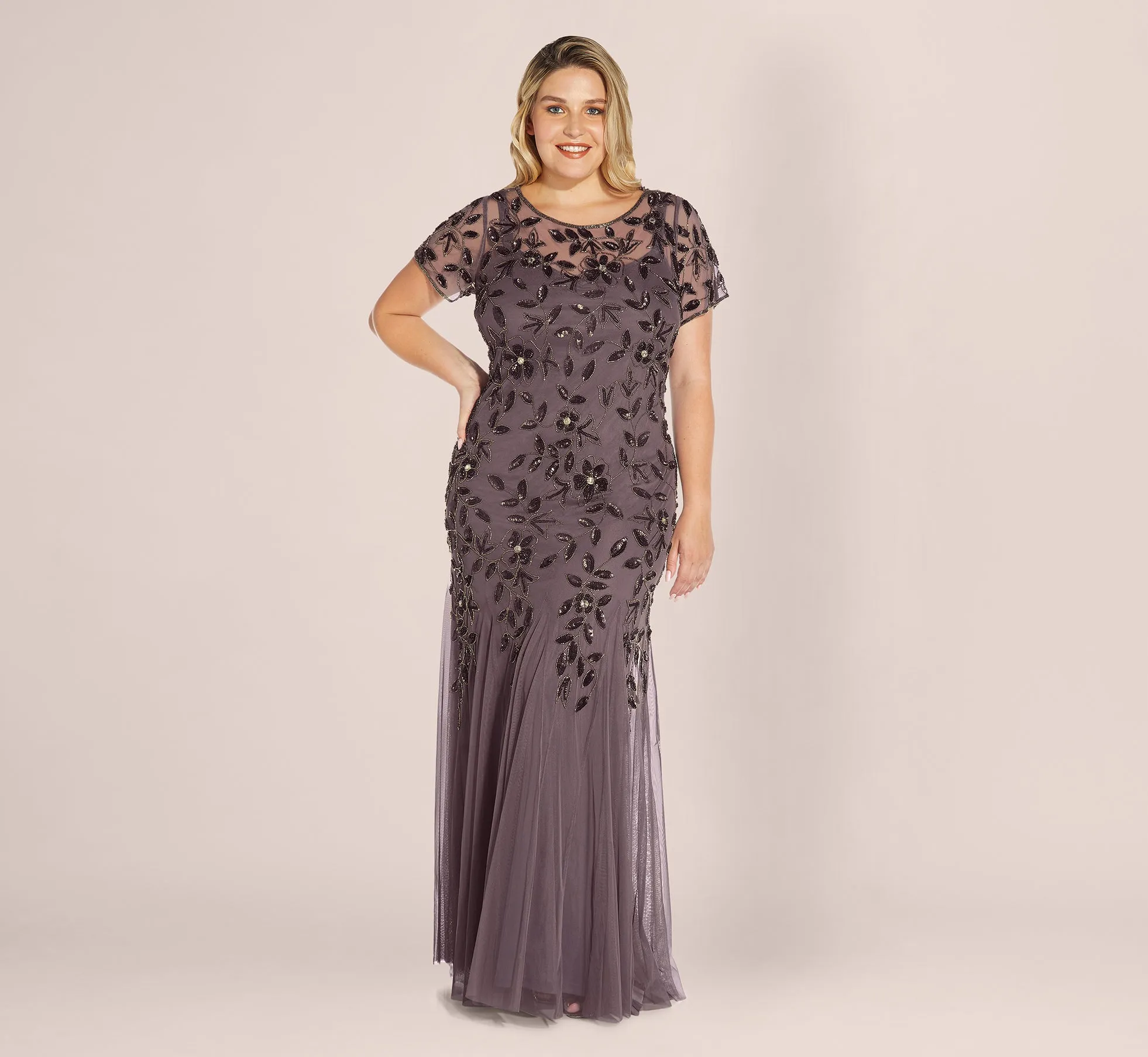 Plus Size Hand Beaded Short Sleeve Floral Godet Gown In Moonscape sold by Adrianna Papell
