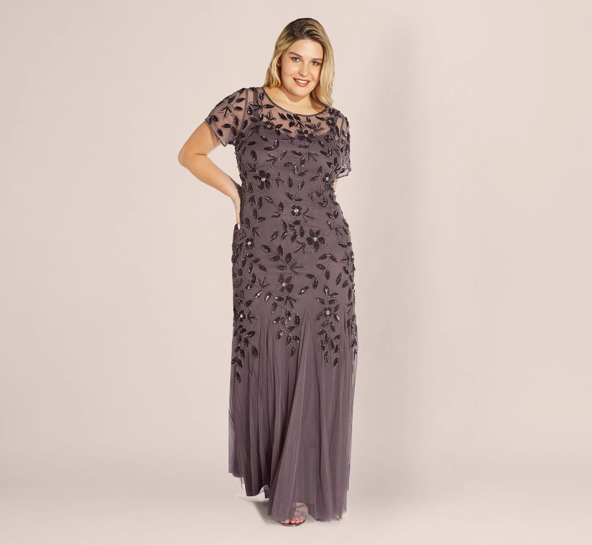 Plus Size Hand Beaded Short Sleeve Floral Godet Gown In Moonscape sold by Adrianna Papell product image thumbnail 2