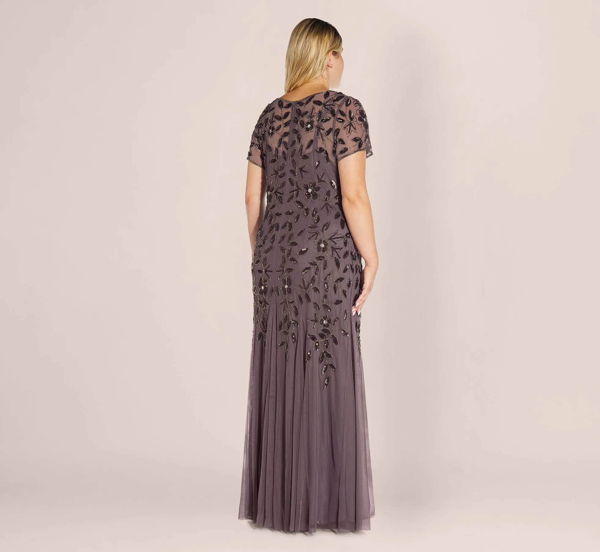Plus Size Hand Beaded Short Sleeve Floral Godet Gown In Moonscape sold by Adrianna Papell product image thumbnail 3