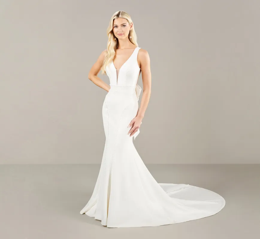 Stretch Crepe Wedding Dress With Pearl Trim In Ivory sold by Adrianna Papell