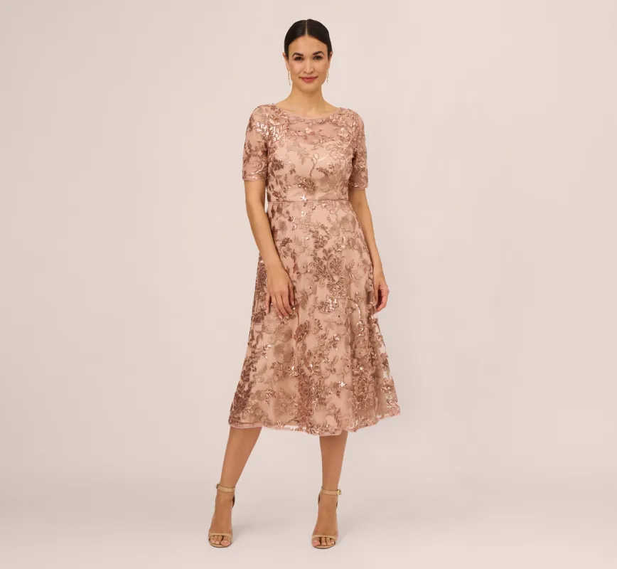 Sequin Embroidered Midi Dress With Sheer Short Sleeves In Almondine sold by Adrianna Papell