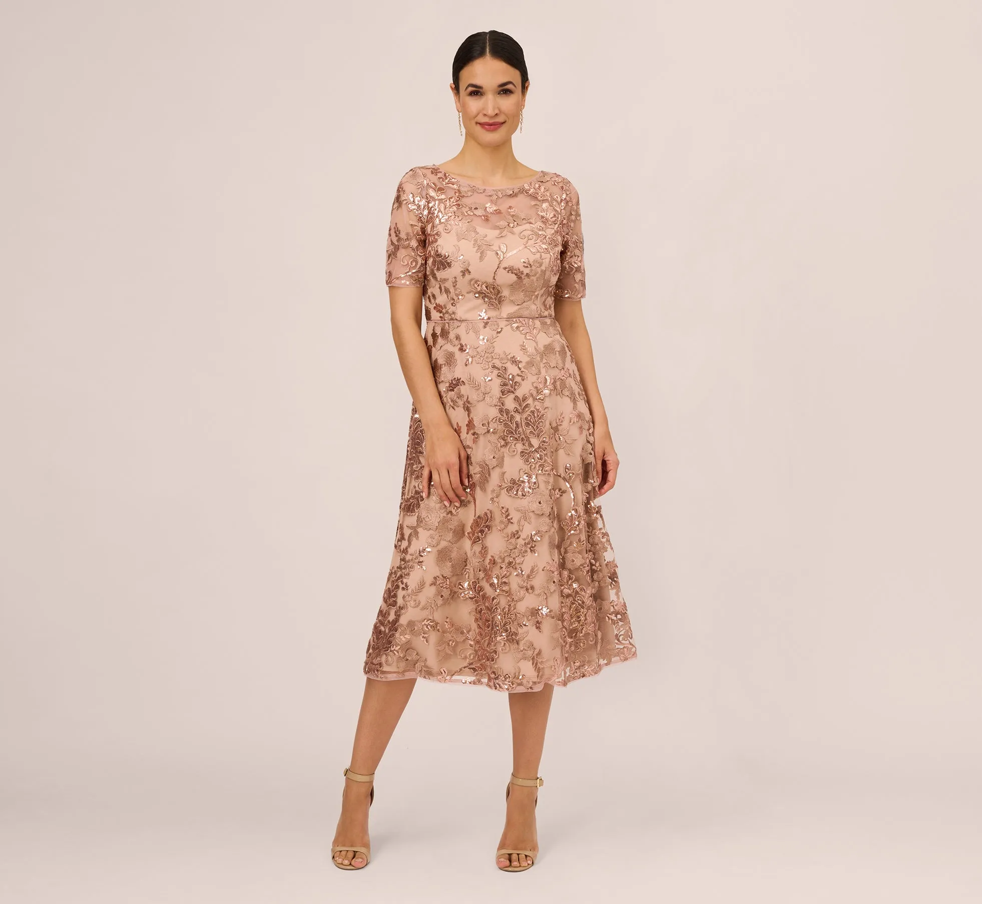 Sequin Embroidered Midi Dress With Sheer Short Sleeves In Almondine sold by Adrianna Papell