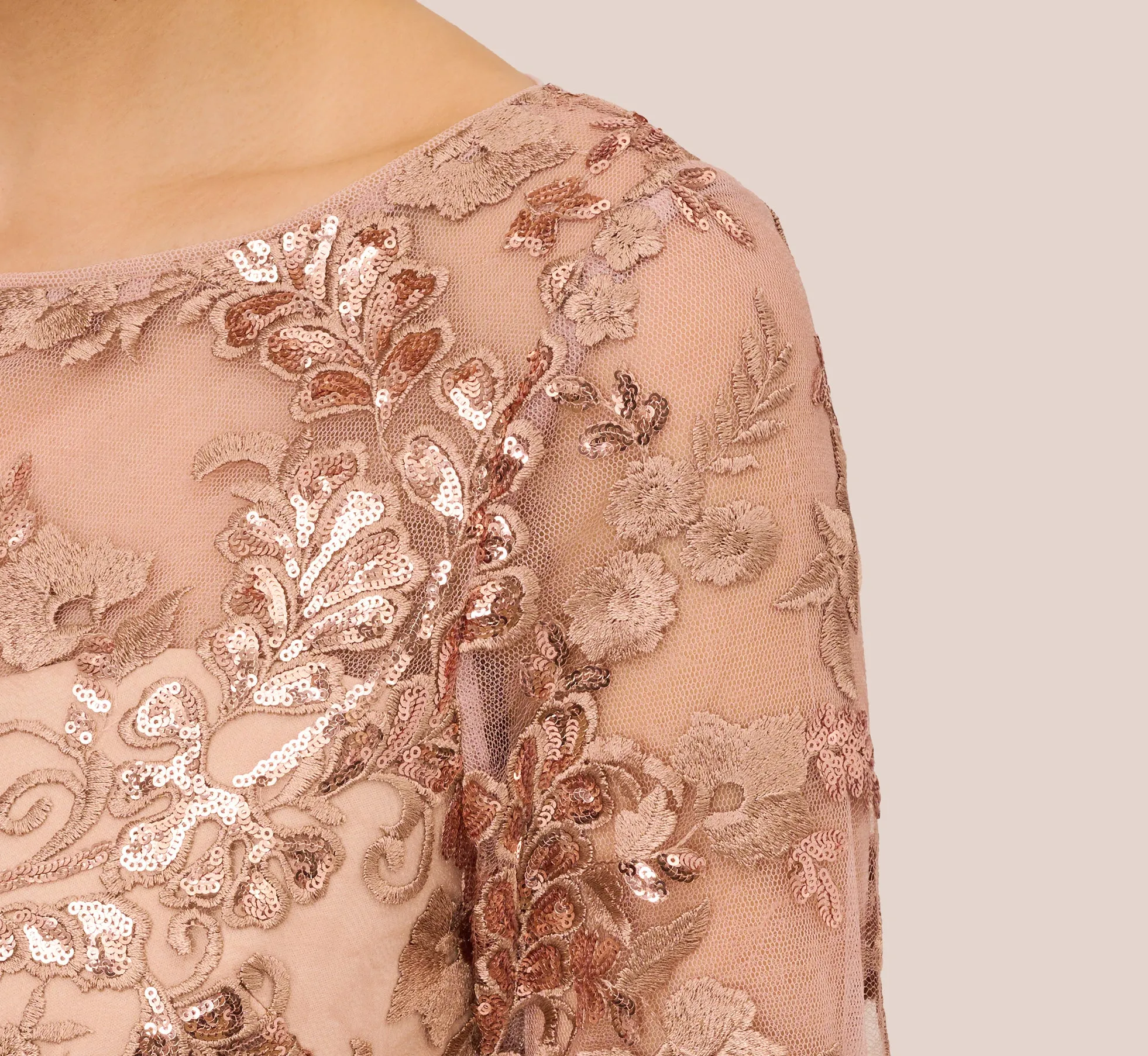 Sequin Embroidered Midi Dress With Sheer Short Sleeves In Almondine sold by Adrianna Papell product image thumbnail 4