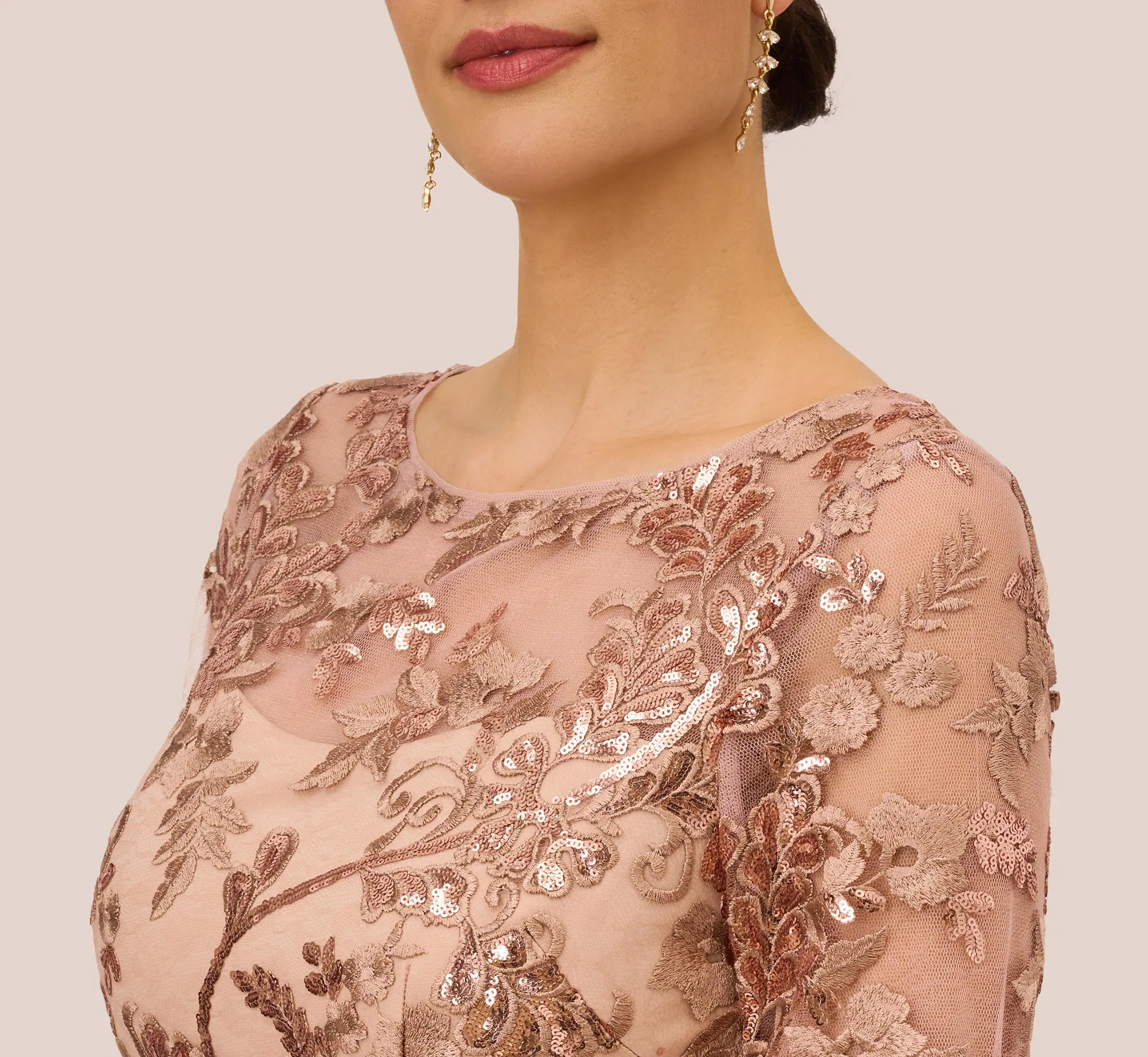 Sequin Embroidered Midi Dress With Sheer Short Sleeves In Almondine sold by Adrianna Papell product image thumbnail 3