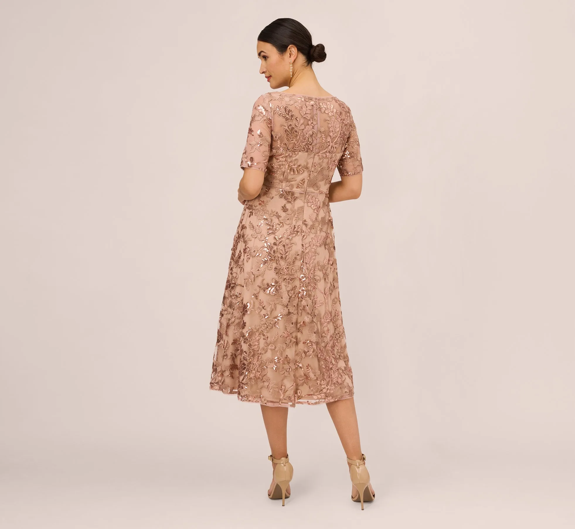 Sequin Embroidered Midi Dress With Sheer Short Sleeves In Almondine sold by Adrianna Papell product image thumbnail 5