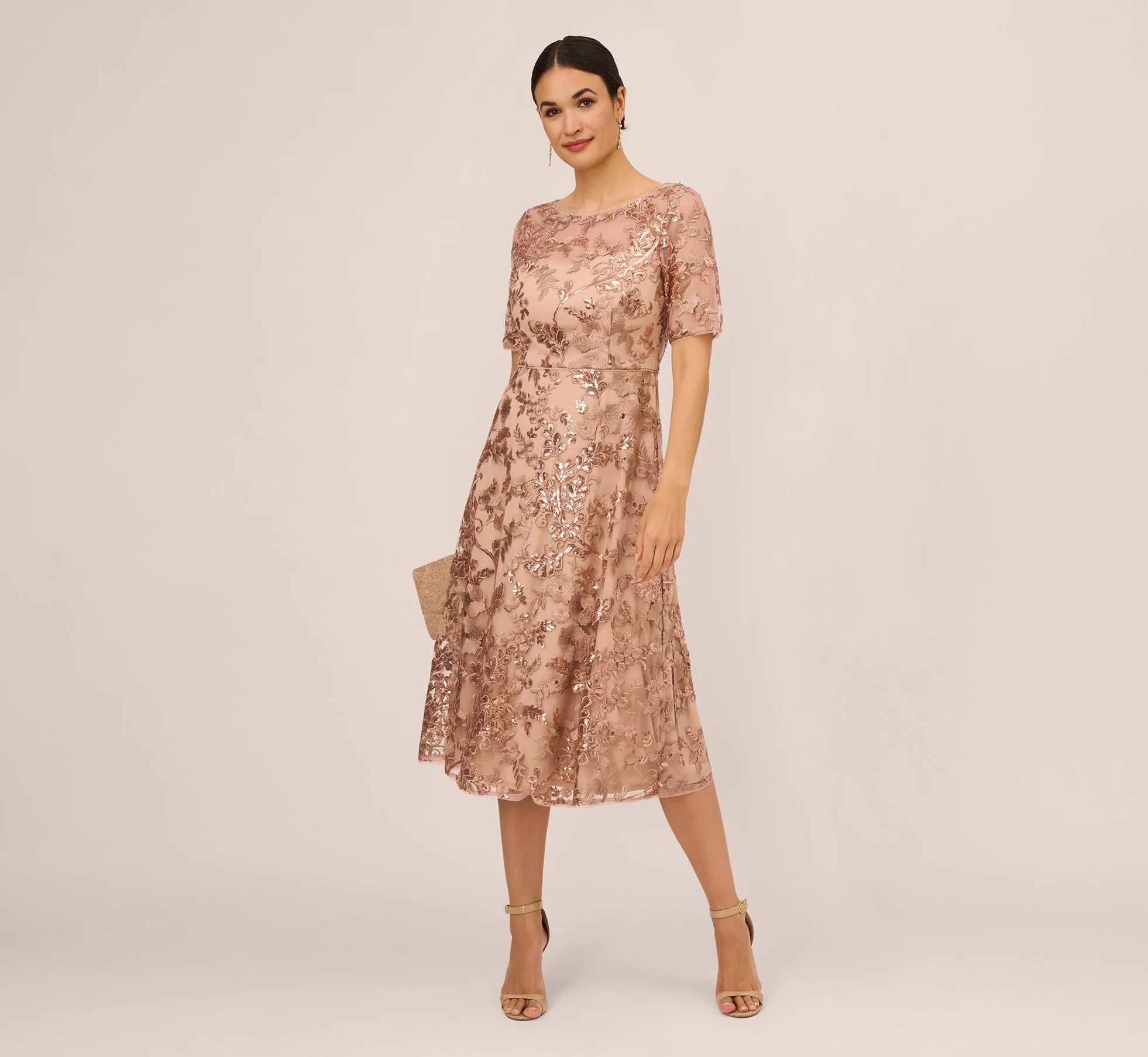 Sequin Embroidered Midi Dress With Sheer Short Sleeves In Almondine sold by Adrianna Papell product image thumbnail 2