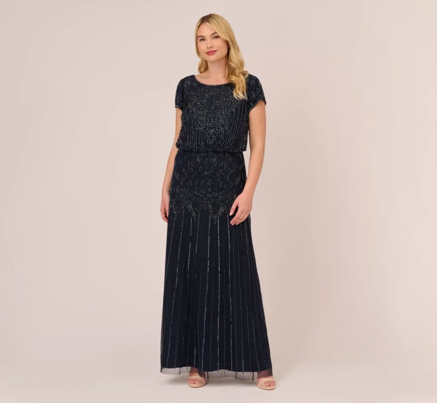 Plus Size Short Sleeve Blouson Beaded Gown In Navy sold by Adrianna Papell