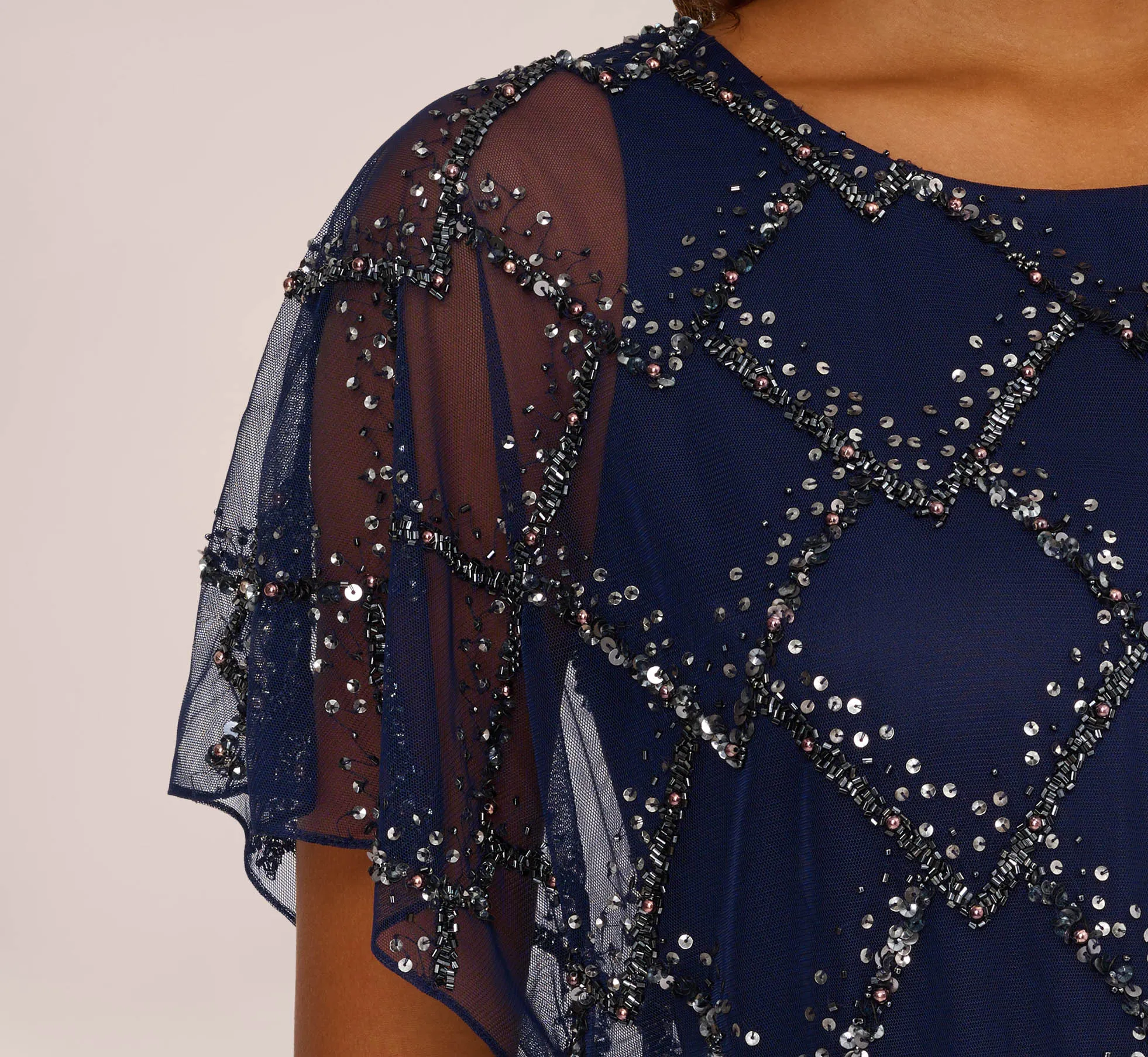 Hand-Beaded Blouson Long Gown With Flutter Sleeves In Light Navy sold by Adrianna Papell product image thumbnail 5