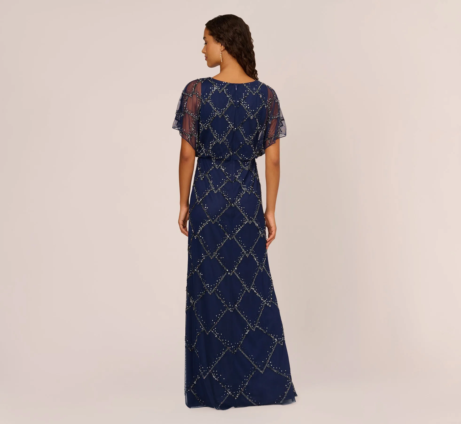 Hand-Beaded Blouson Long Gown With Flutter Sleeves In Light Navy sold by Adrianna Papell product image thumbnail 4