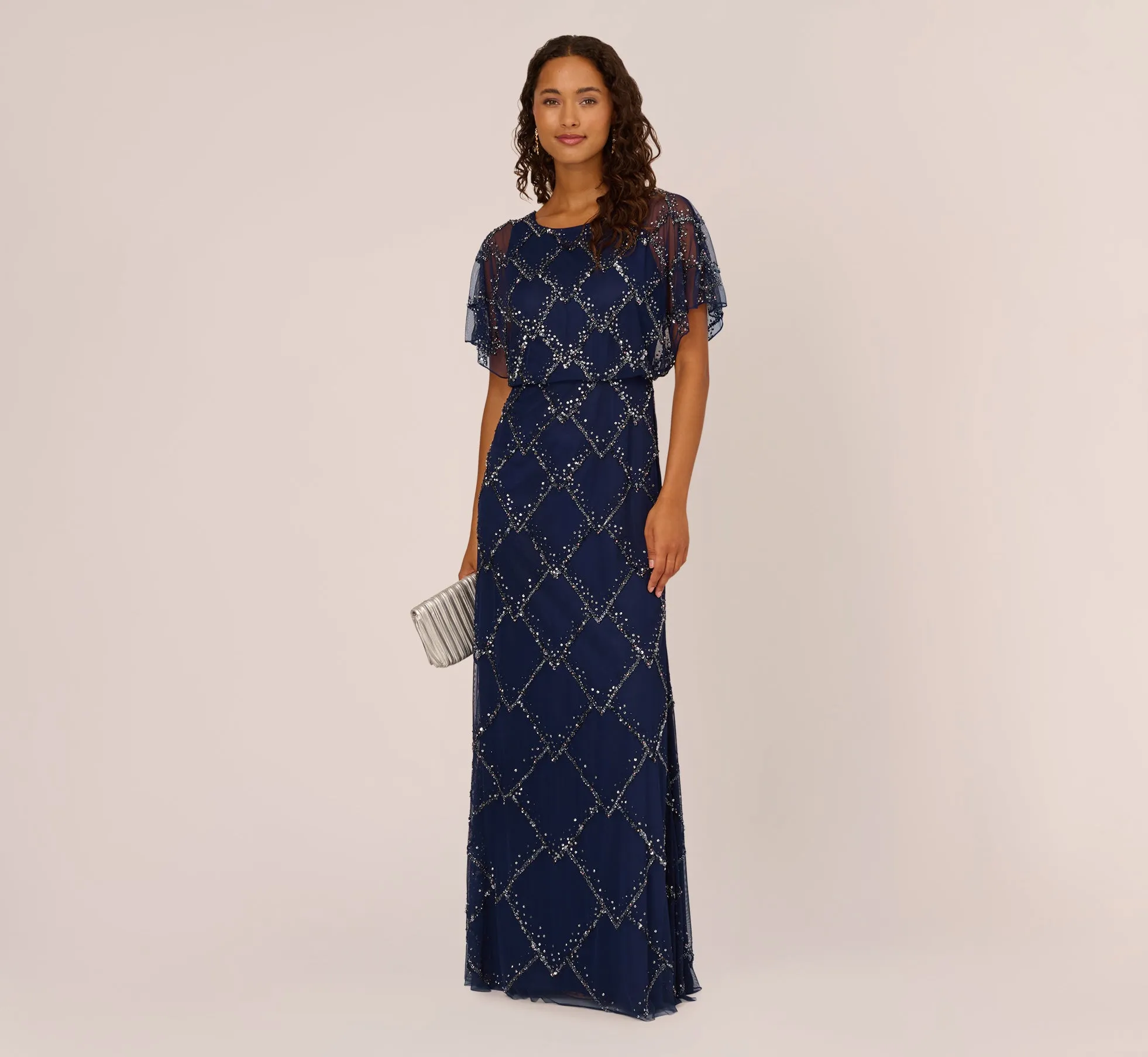 Hand-Beaded Blouson Long Gown With Flutter Sleeves In Light Navy sold by Adrianna Papell product image thumbnail 2