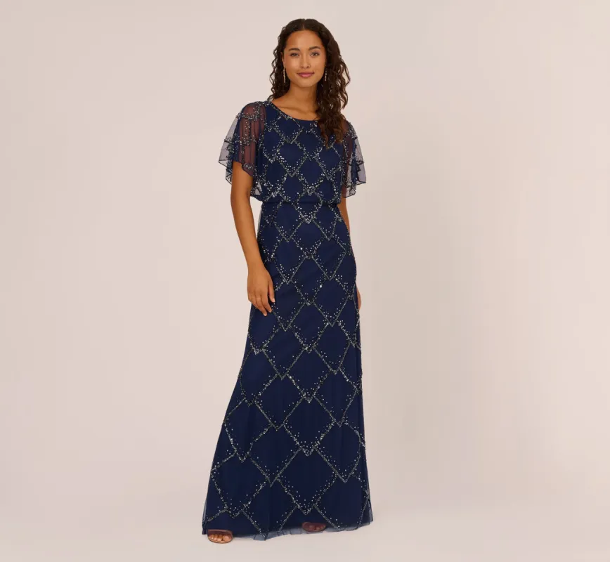 Hand-Beaded Blouson Long Gown With Flutter Sleeves In Light Navy sold by Adrianna Papell