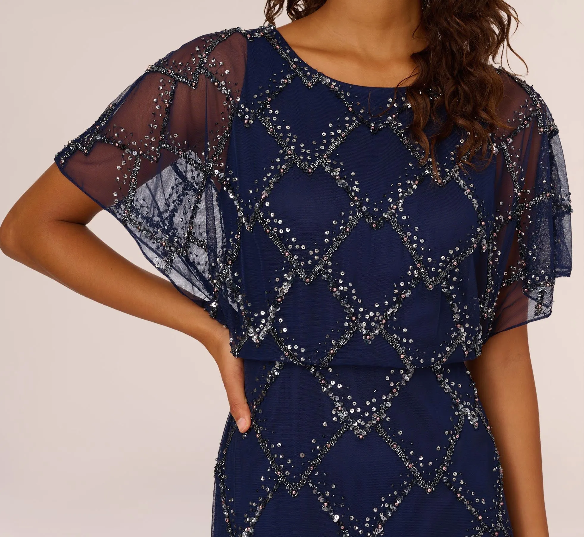 Hand-Beaded Blouson Long Gown With Flutter Sleeves In Light Navy sold by Adrianna Papell product image thumbnail 3