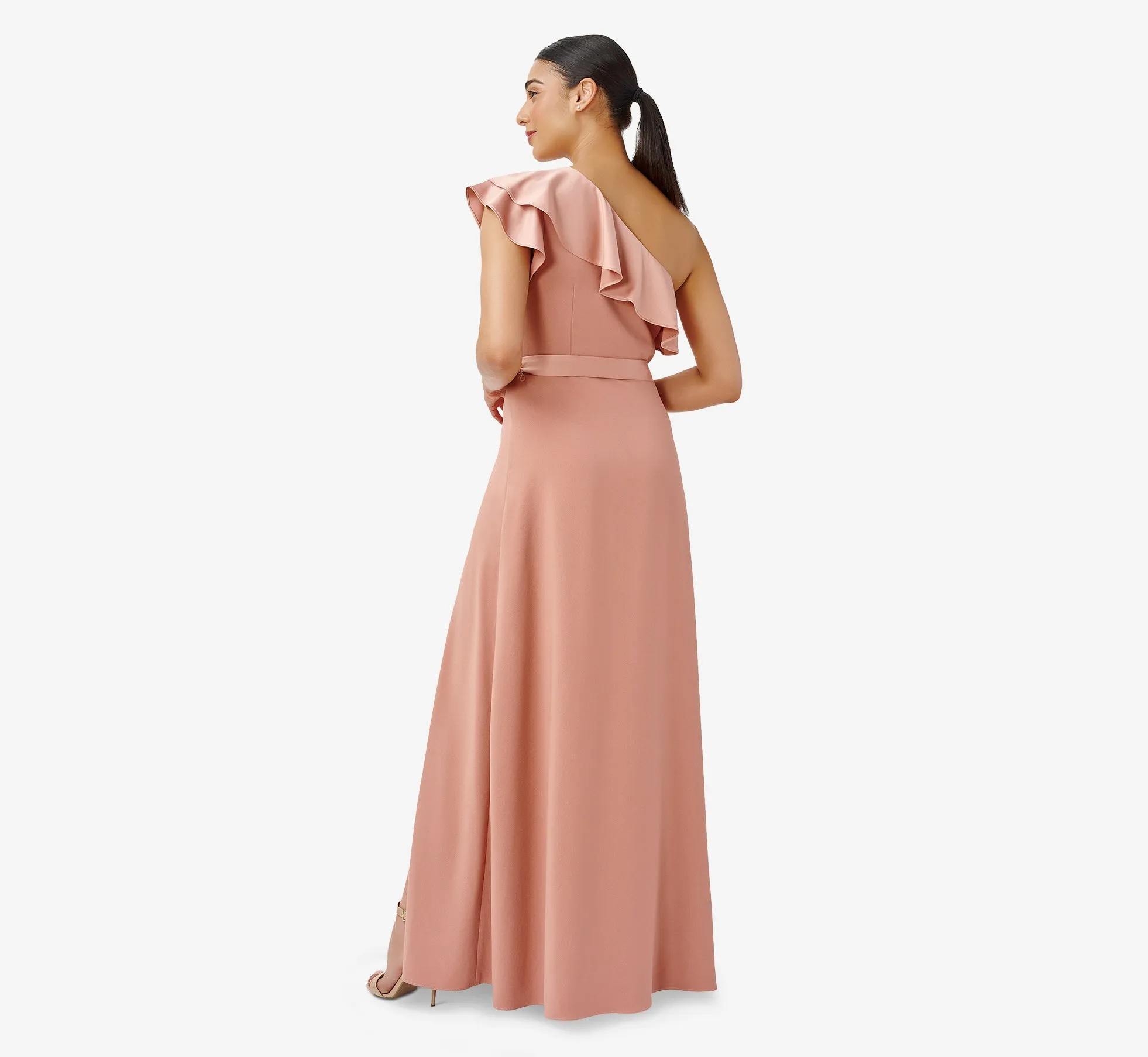 Satin Crepe One-Shoulder Ruffled Long Gown In Toffee sold by Adrianna Papell product image thumbnail 2