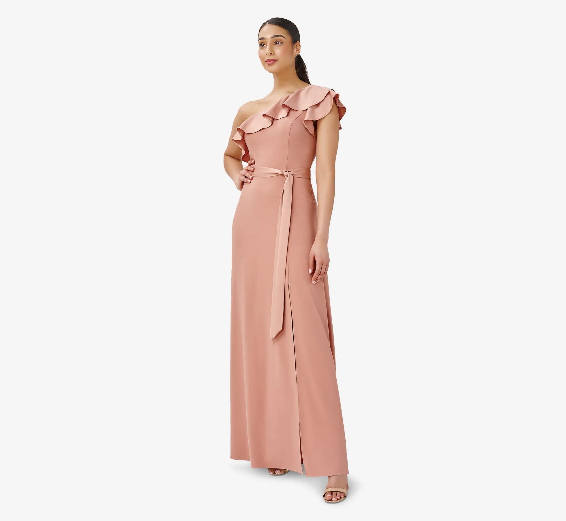 Satin Crepe One-Shoulder Ruffled Long Gown In Toffee sold by Adrianna Papell product image thumbnail 3