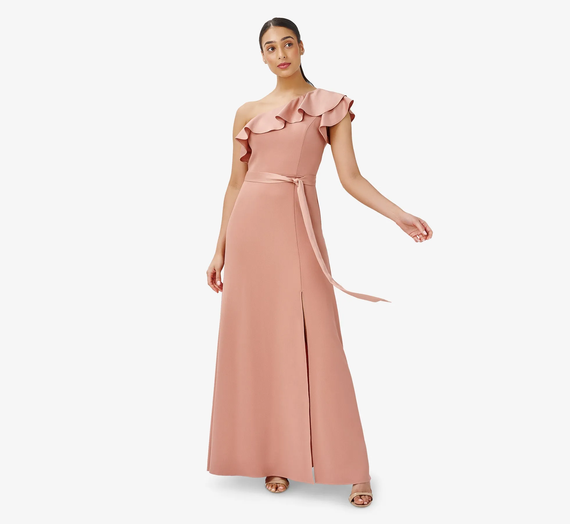 Satin Crepe One-Shoulder Ruffled Long Gown In Toffee sold by Adrianna Papell