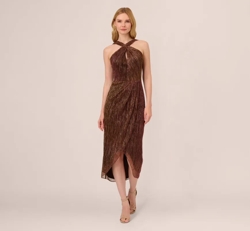Metallic Knit Halter Midi Dress With Wrap Skirt In Copper sold by Adrianna Papell