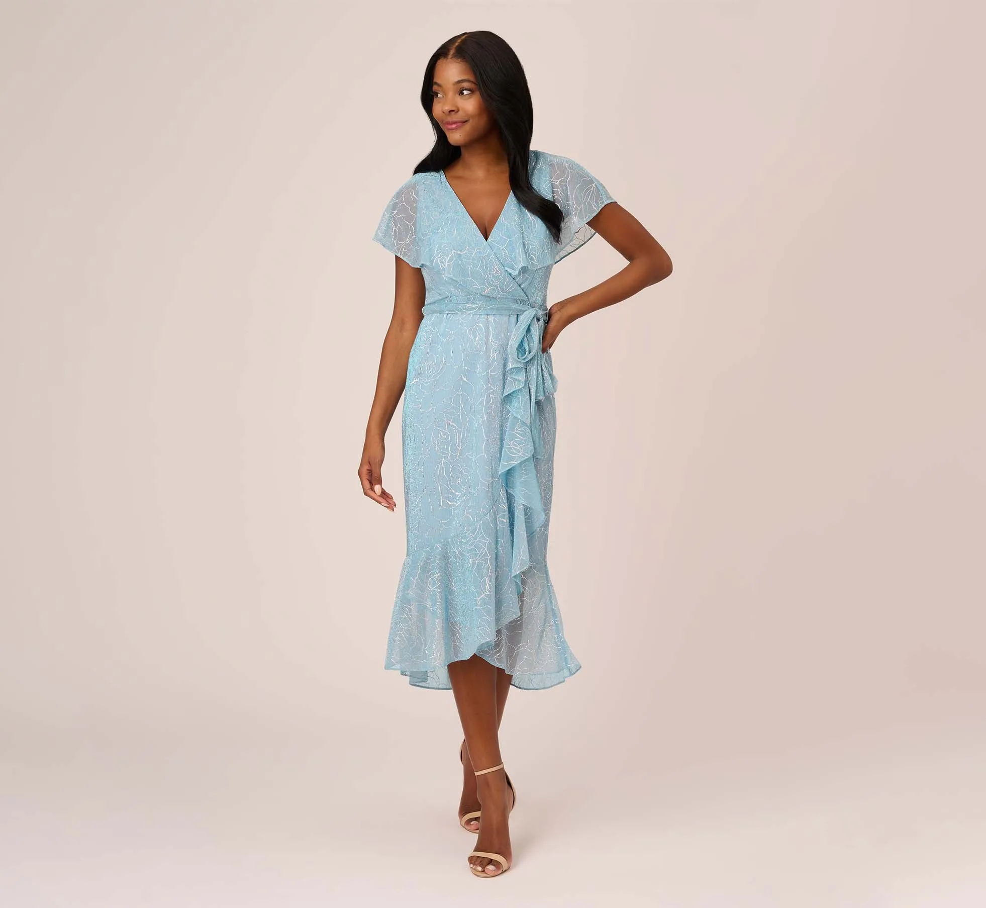 Floral Metallic Stencil Midi-Length Mermaid Dress With Capelet In Light Blue sold by Adrianna Papell