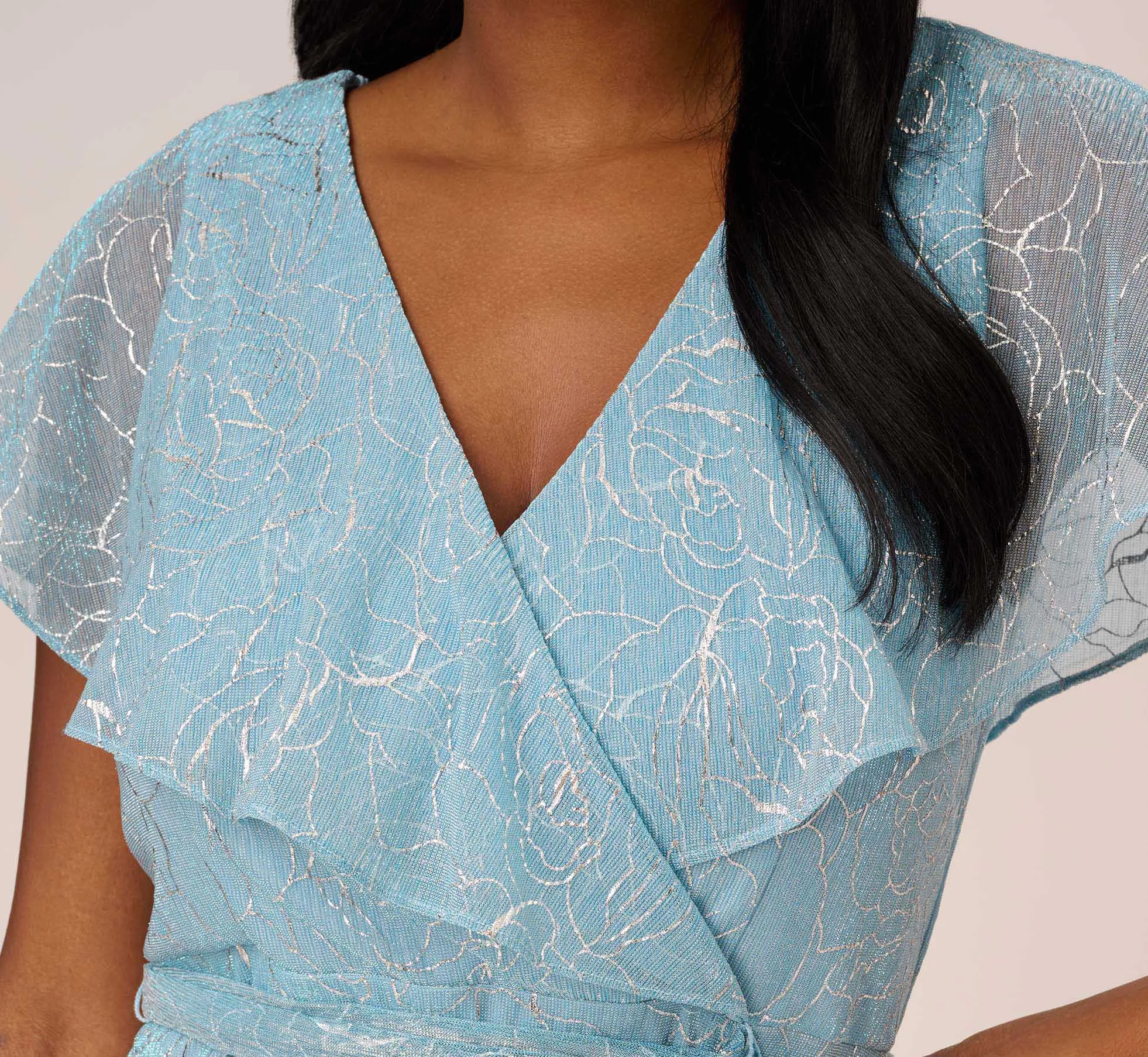 Floral Metallic Stencil Midi-Length Mermaid Dress With Capelet In Light Blue sold by Adrianna Papell product image thumbnail 3