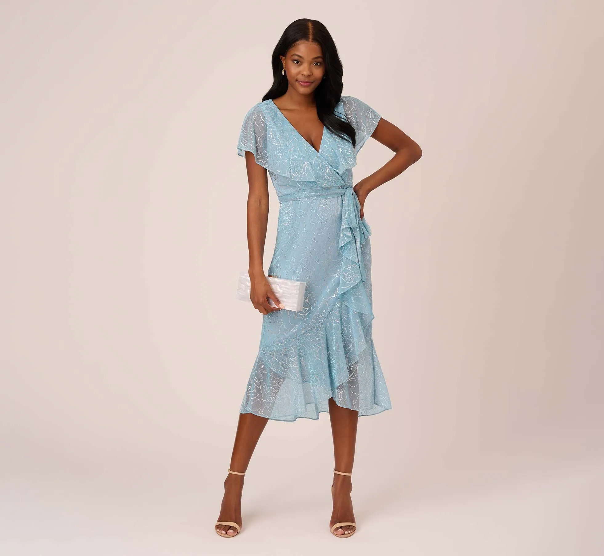 Floral Metallic Stencil Midi-Length Mermaid Dress With Capelet In Light Blue sold by Adrianna Papell product image thumbnail 2