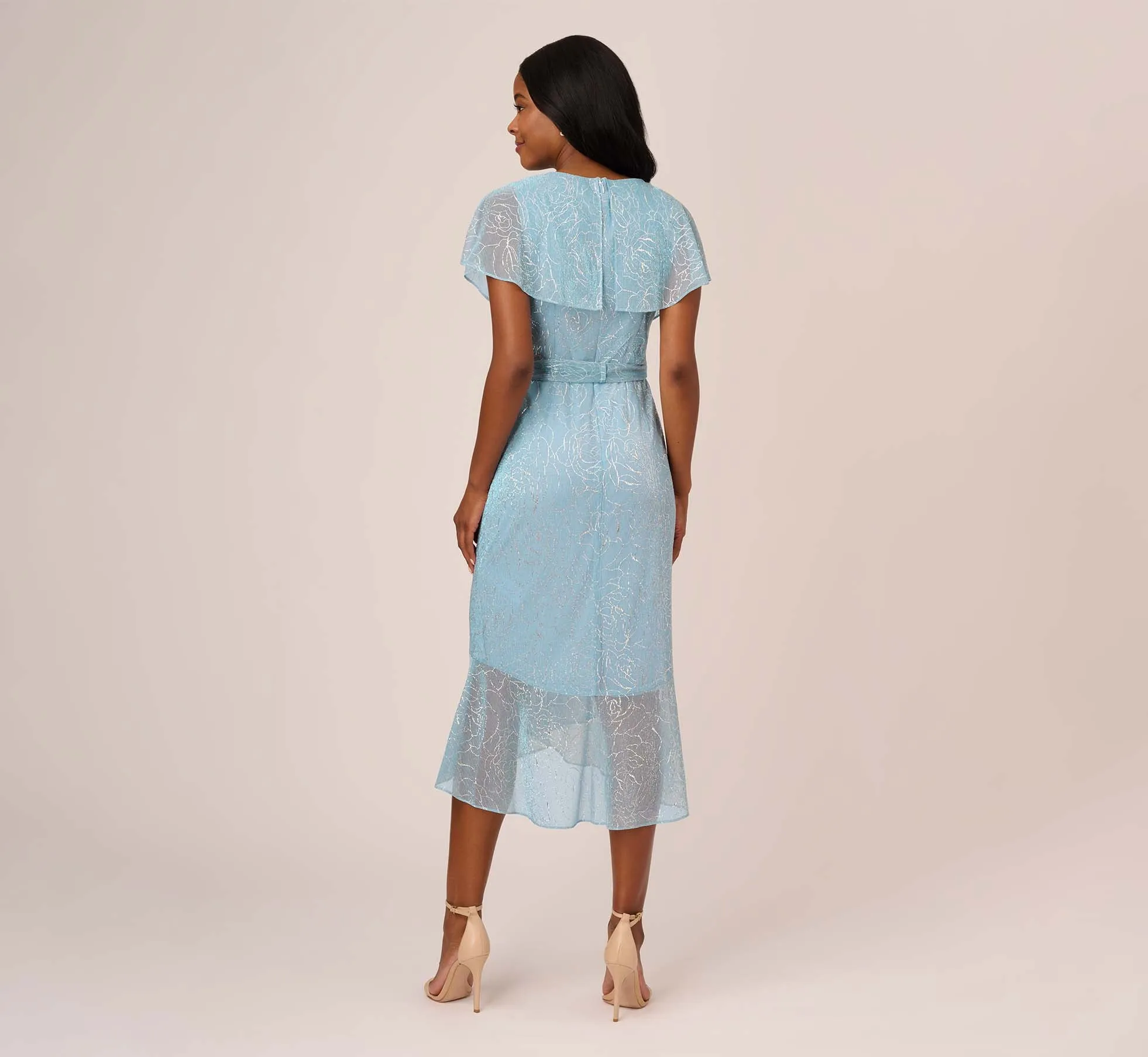 Floral Metallic Stencil Midi-Length Mermaid Dress With Capelet In Light Blue sold by Adrianna Papell product image thumbnail 4