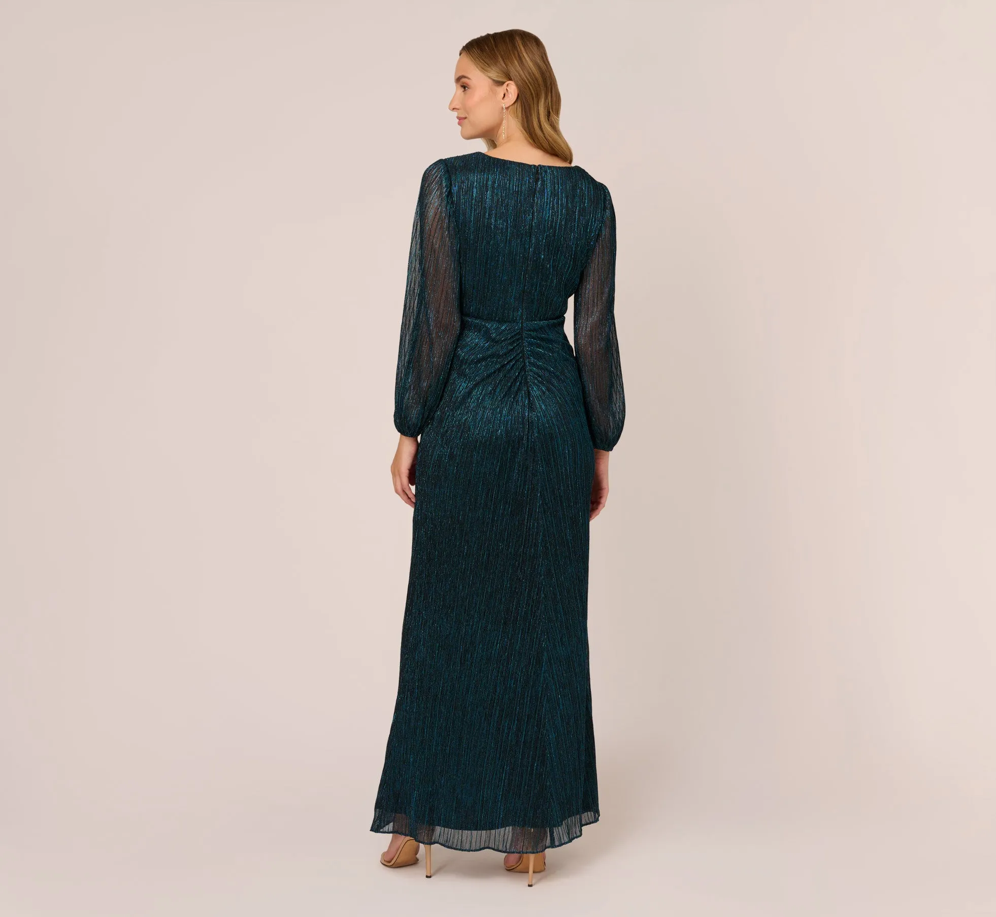 Metallic Crinkled Mesh Draped Long Gown In Teal Sapphire sold by Adrianna Papell product image thumbnail 4