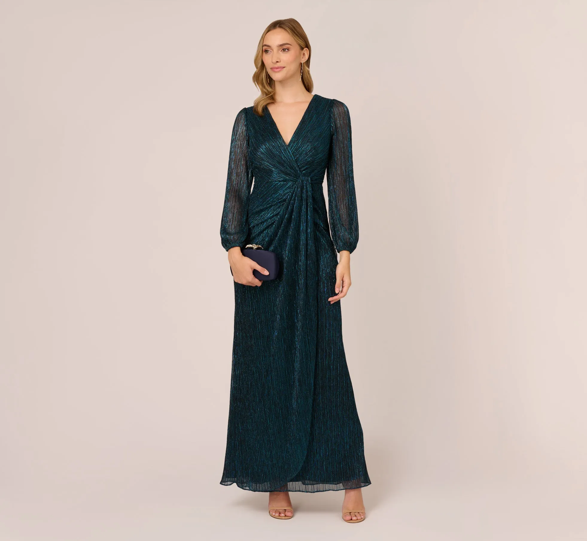 Metallic Crinkled Mesh Draped Long Gown In Teal Sapphire sold by Adrianna Papell product image thumbnail 2