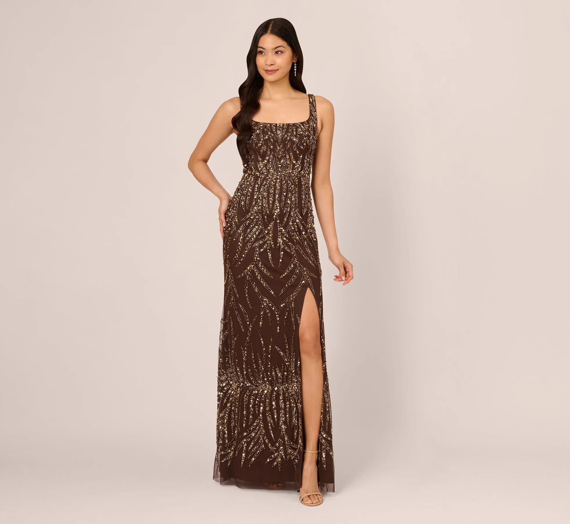 Sleeveless Beaded Mermaid Gown With Square Neckline In Chocolate sold by Adrianna Papell