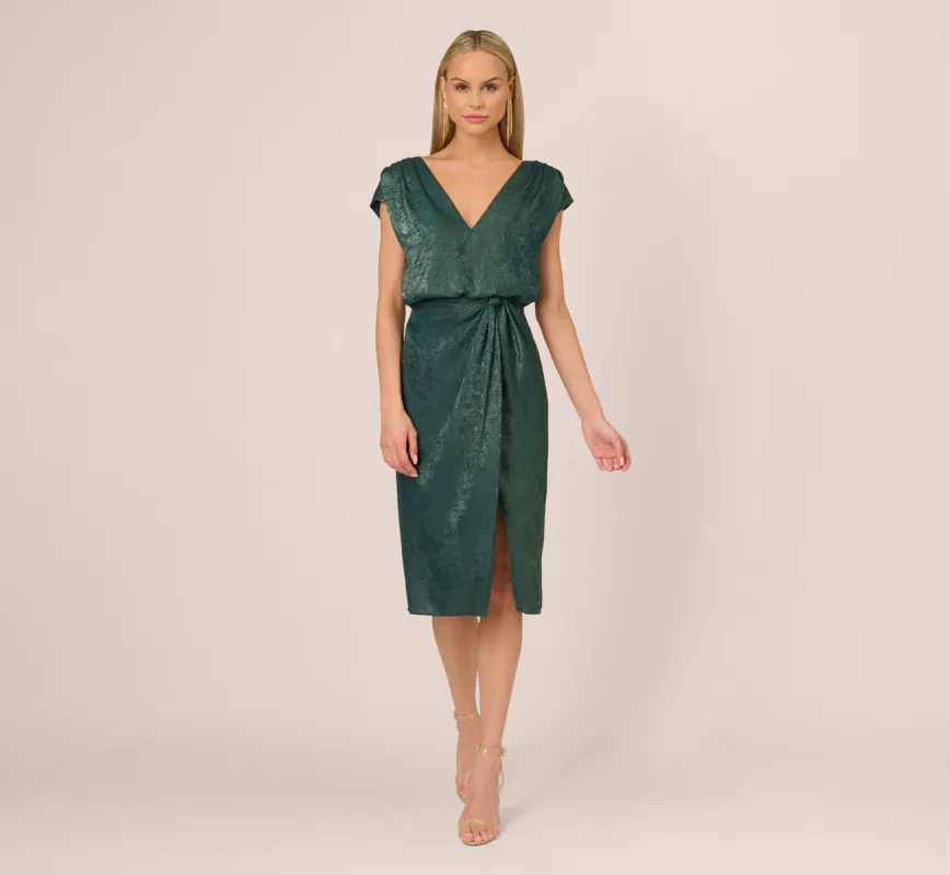 Foil Blouson Midi Dress With Faux Wrap Skirt In Dark Ivy sold by Adrianna Papell