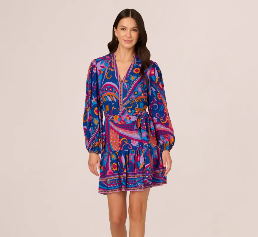 Long Sleeve Retro Printed A Line Dress In Blue Multi sold by Adrianna Papell