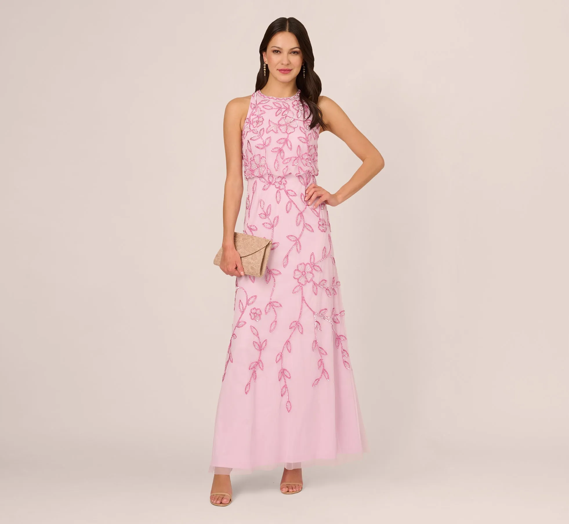 Sleeveless Blouson Mermaid Gown With Jasmine Beading In Pink Lace sold by Adrianna Papell product image thumbnail 2