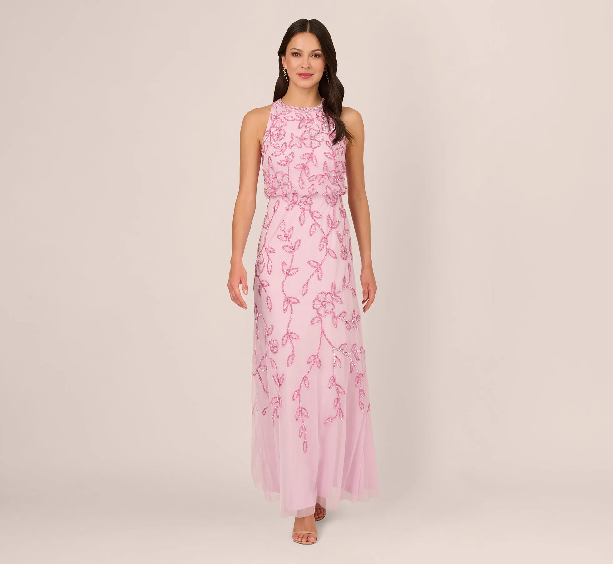 Sleeveless Blouson Mermaid Gown With Jasmine Beading In Pink Lace sold by Adrianna Papell