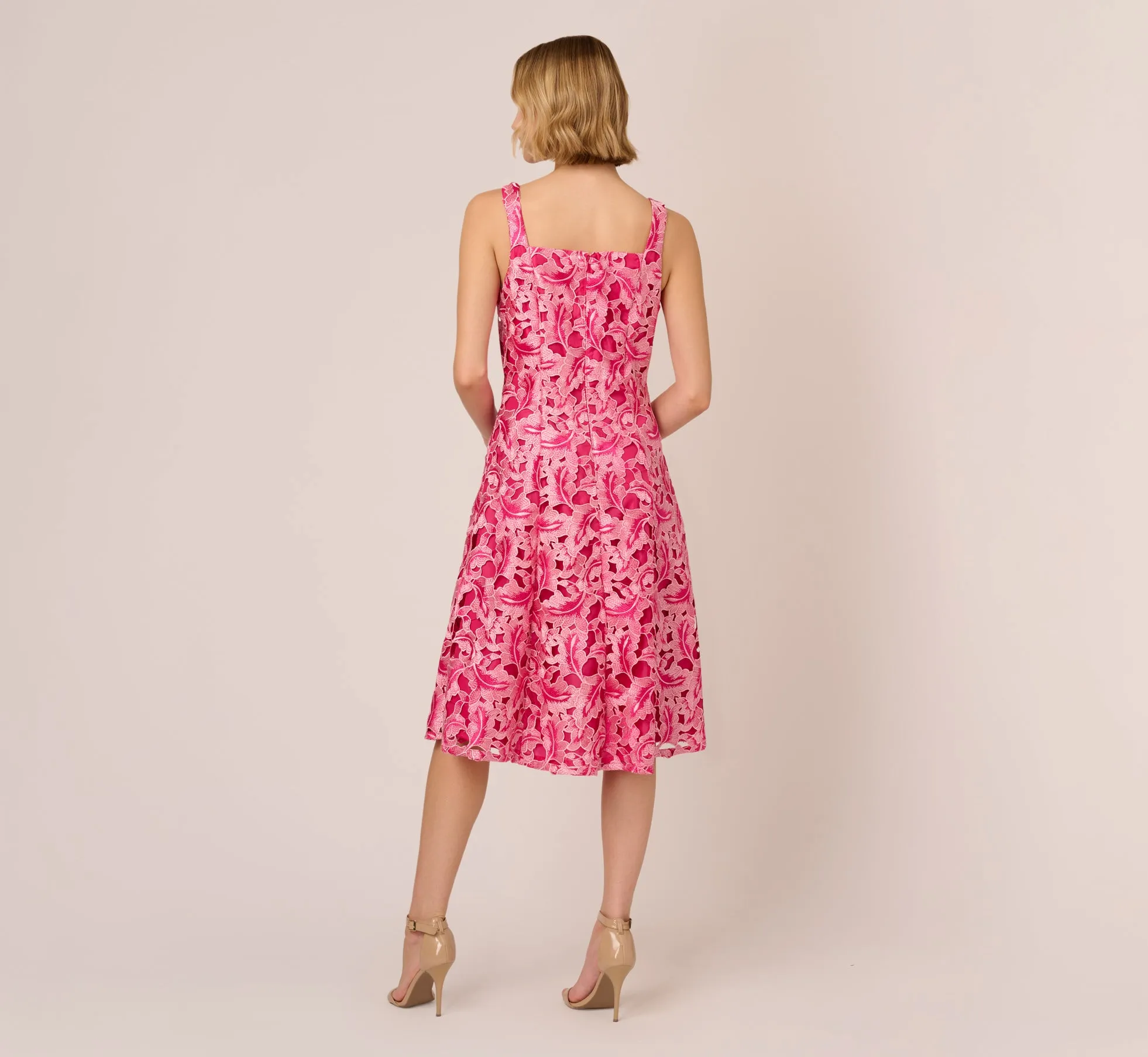 Tonal Lace Sleeveless Midi Dress With Pockets In Electric Pink sold by Adrianna Papell product image thumbnail 4