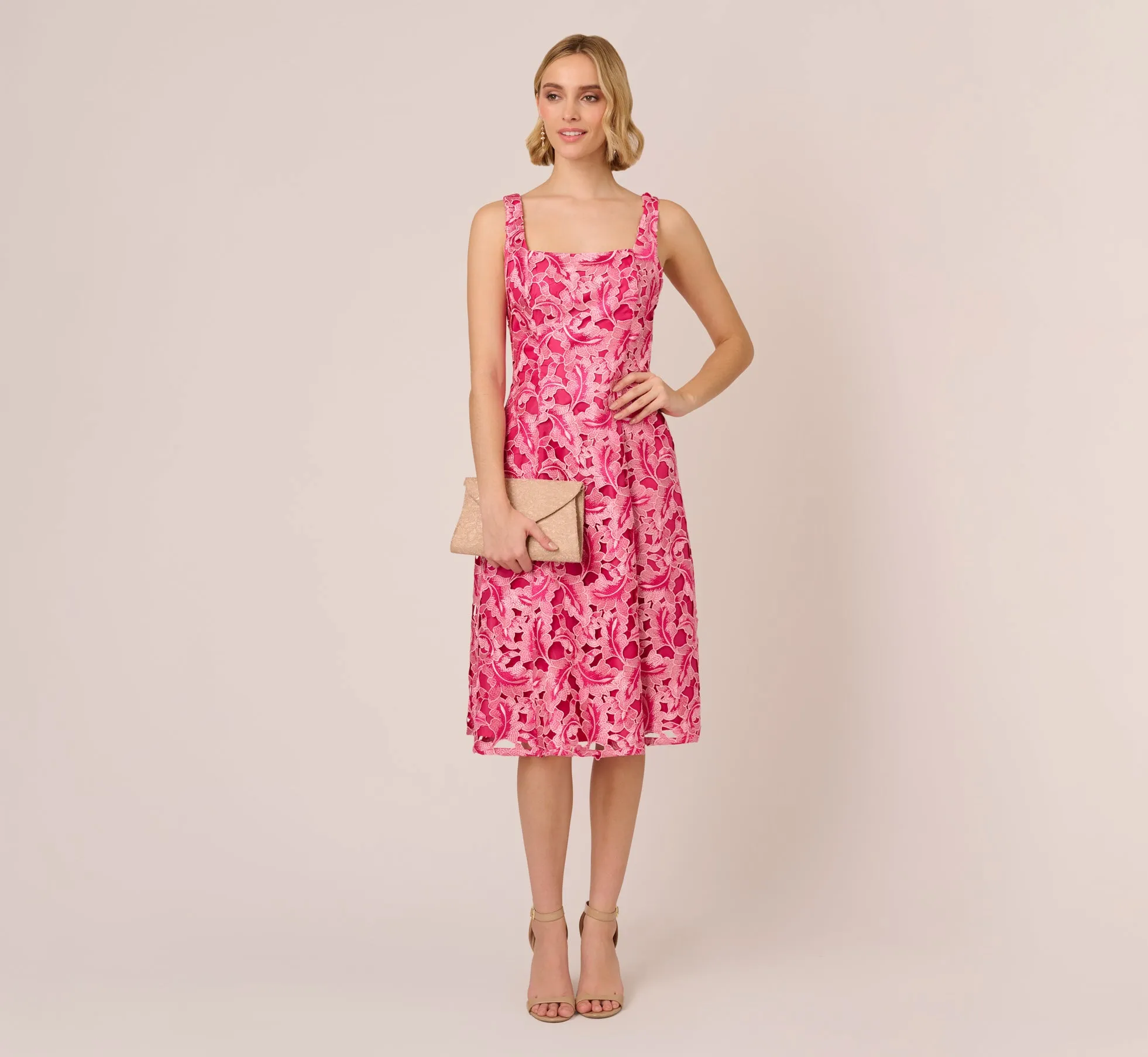 Tonal Lace Sleeveless Midi Dress With Pockets In Electric Pink sold by Adrianna Papell product image thumbnail 2