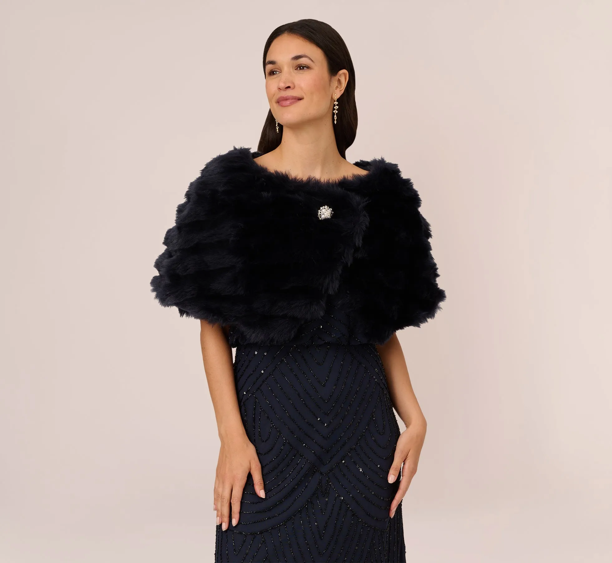 Faux Fur Wrap With Stone Broach In Midnight sold by Adrianna Papell