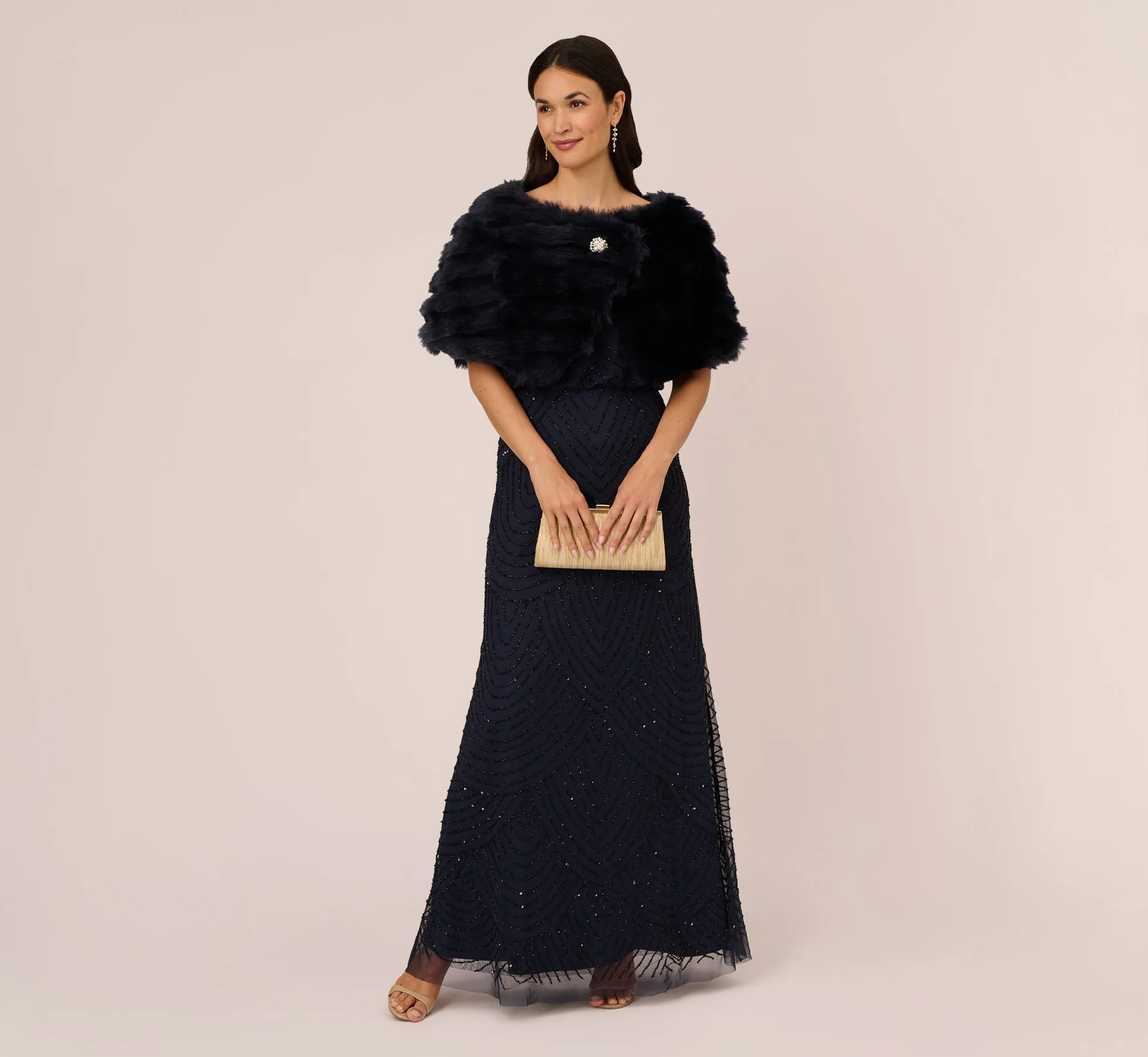 Faux Fur Wrap With Stone Broach In Midnight sold by Adrianna Papell product image thumbnail 2