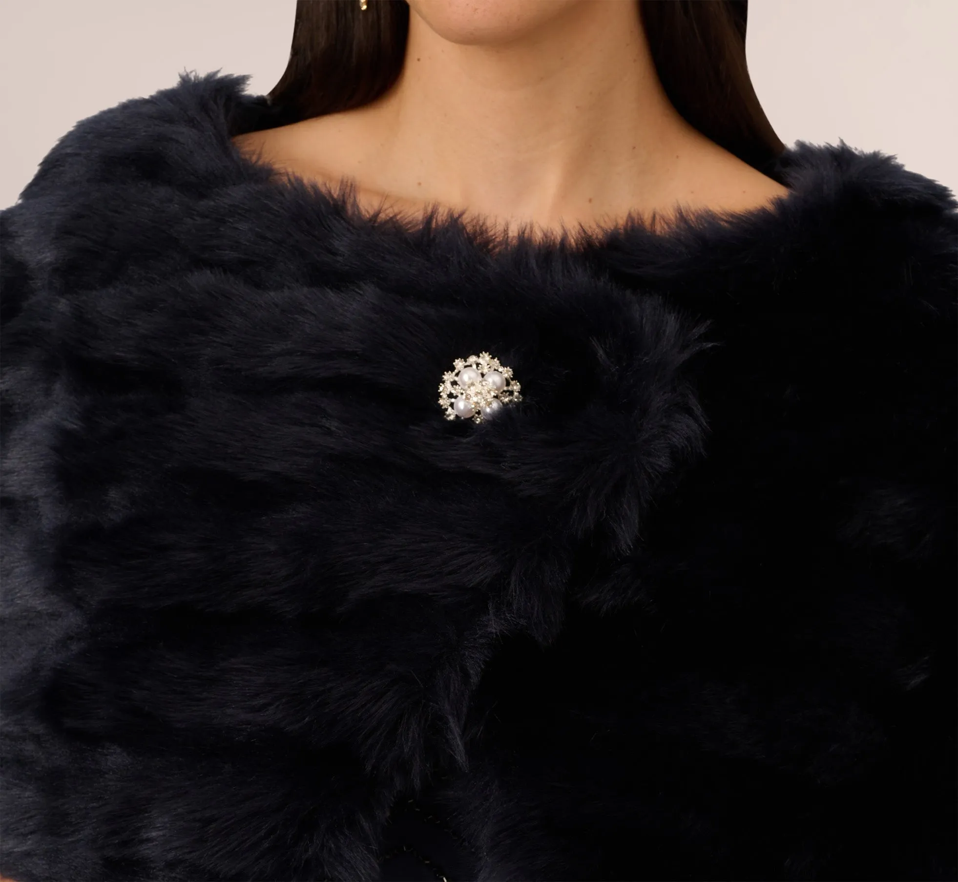 Faux Fur Wrap With Stone Broach In Midnight sold by Adrianna Papell product image thumbnail 3